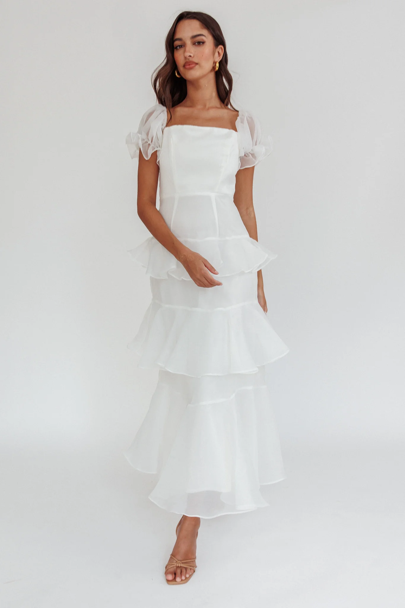 Delwynn Puff Sleeve Layered Midi Dress White