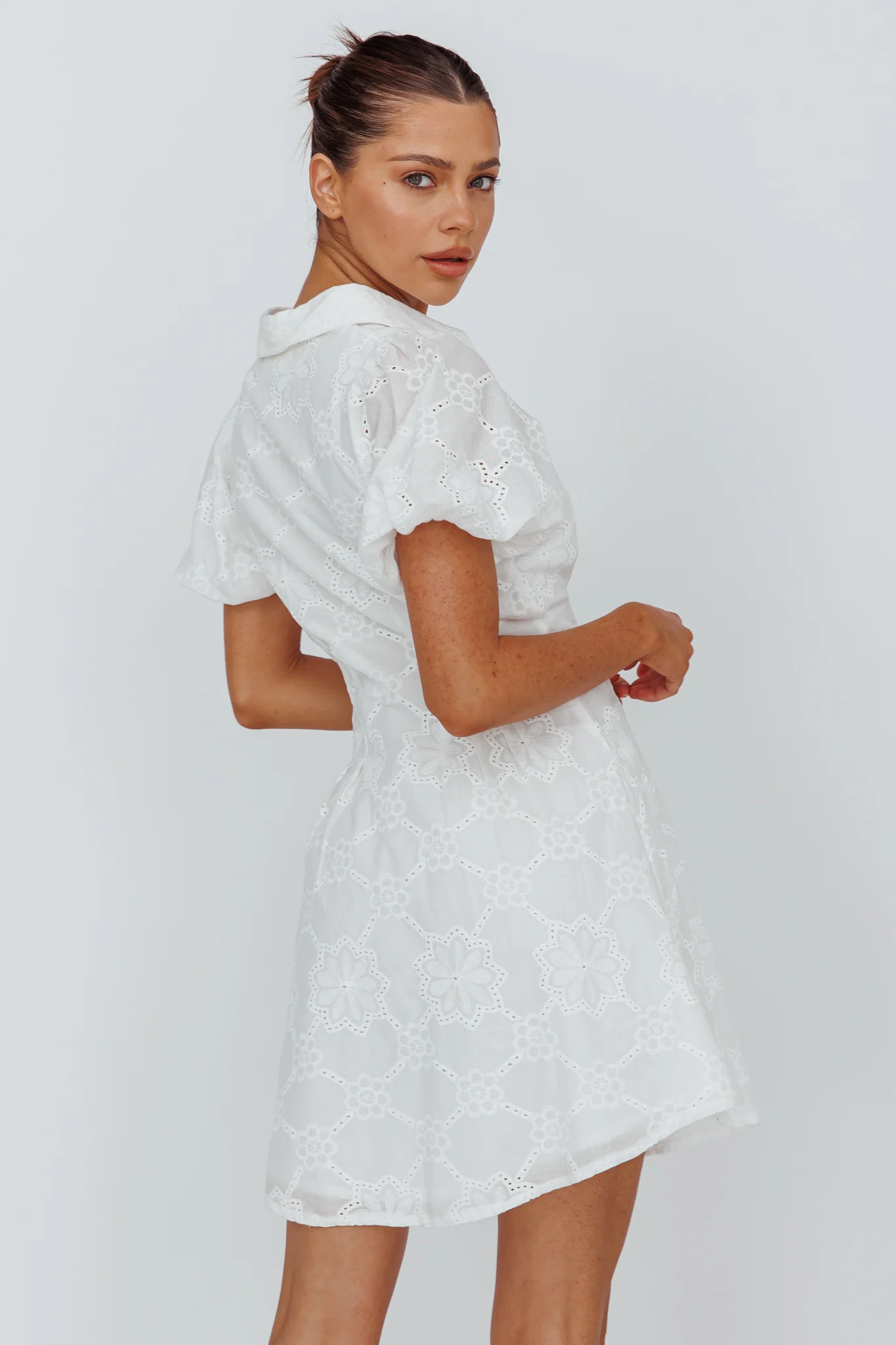 Zurich Pleated Waist Shirt Dress Eyelet White