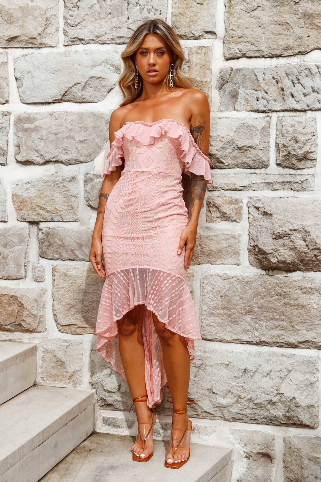 Dreamy Off-Shoulder High-Low Hem Dress Blush