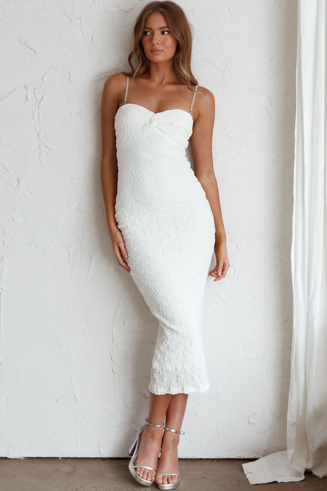 Tiffani Diamante Strap Midi Dress White