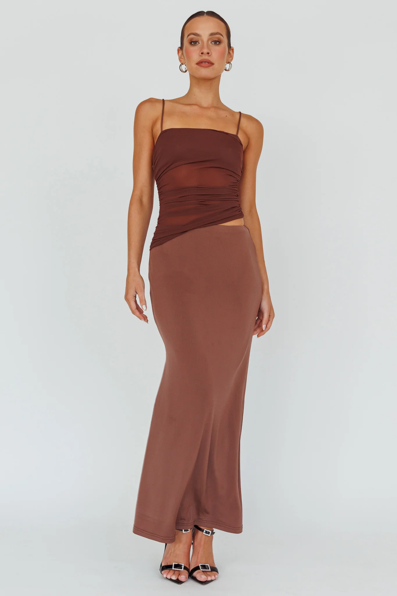 Lorely Ruched Bodice Midi Dress Brown