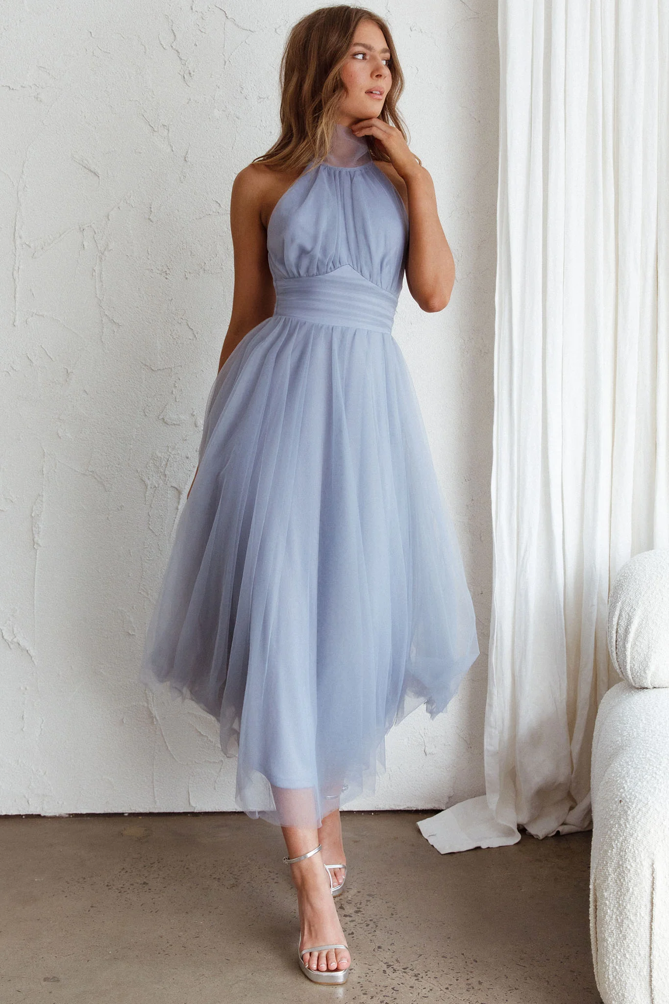 Andria Halterneck Tulle Midi Dress Blue