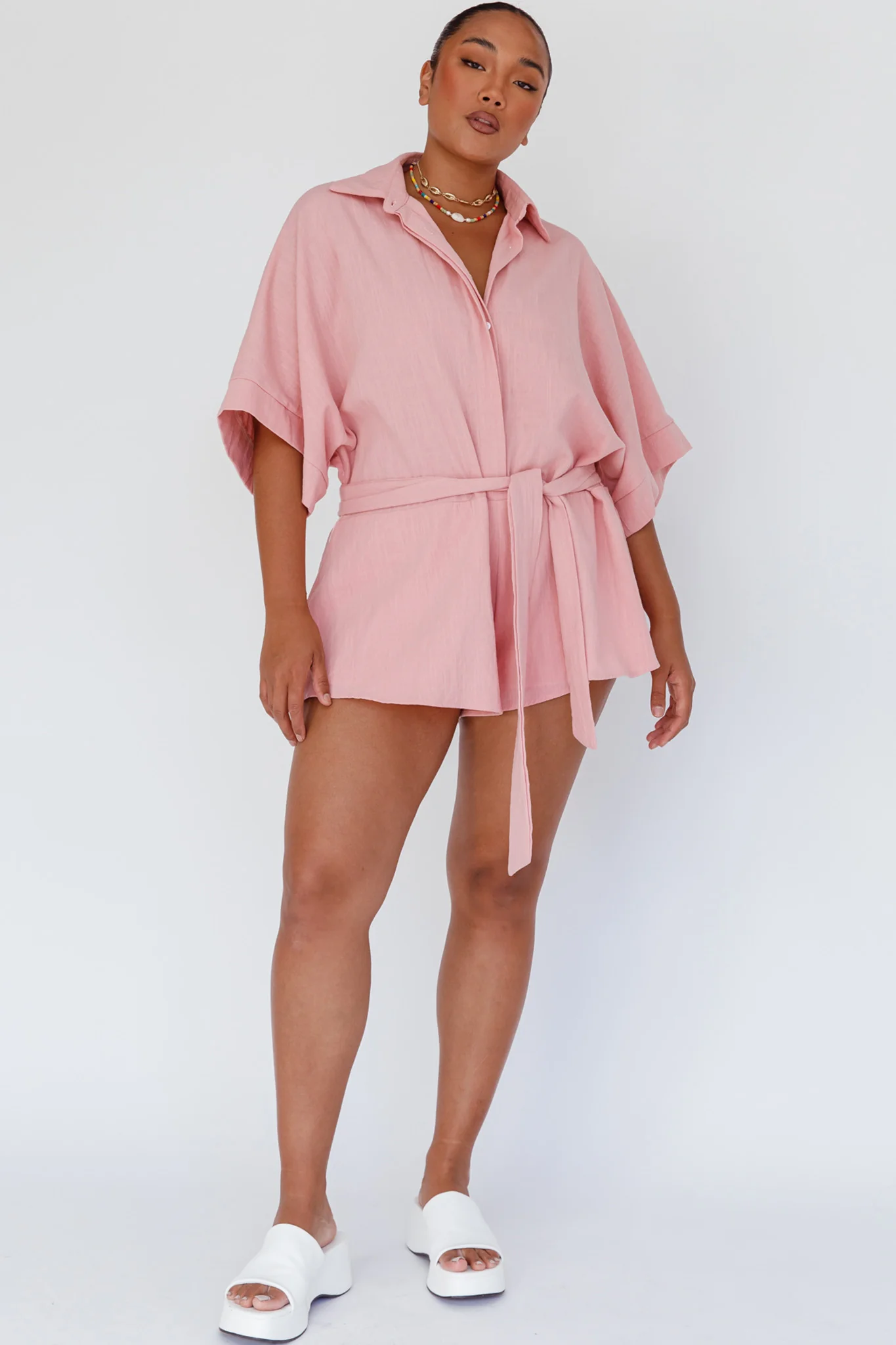 Daytona Beach Button-Up Romper Pink