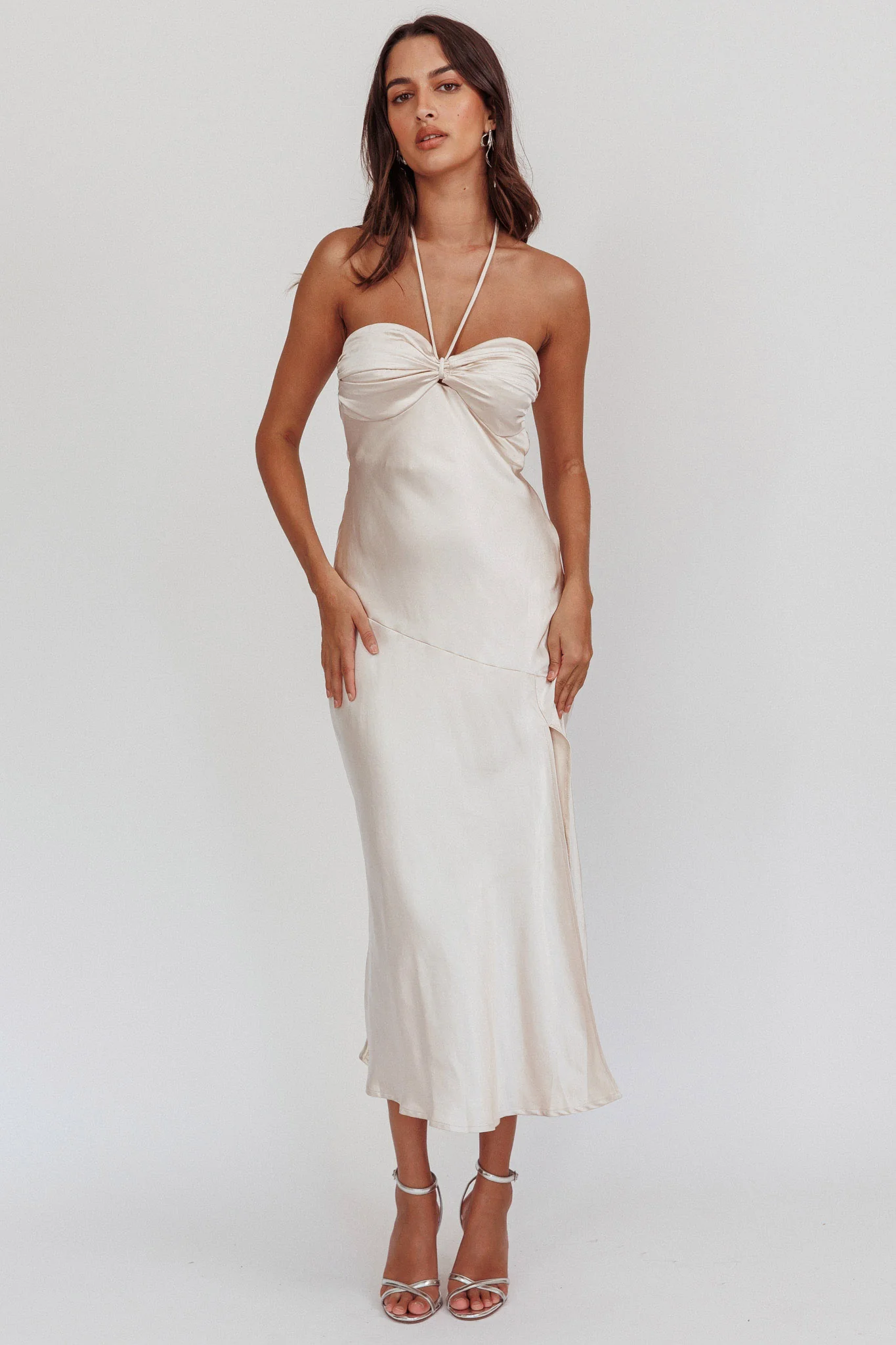 Kindred Spirit Strapless Gathered Bust Midi Dress Champagne
