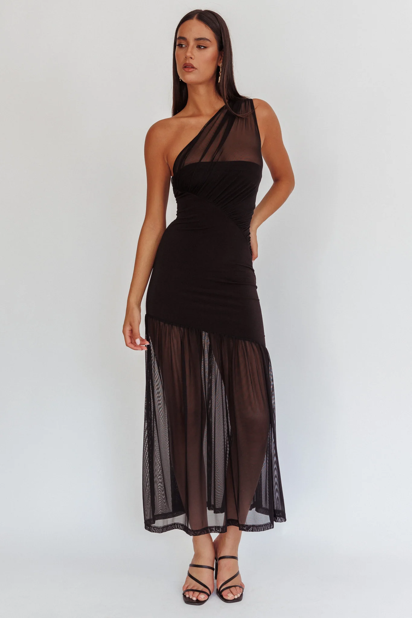 Passion One-Shoulder Mesh Maxi Dress Black