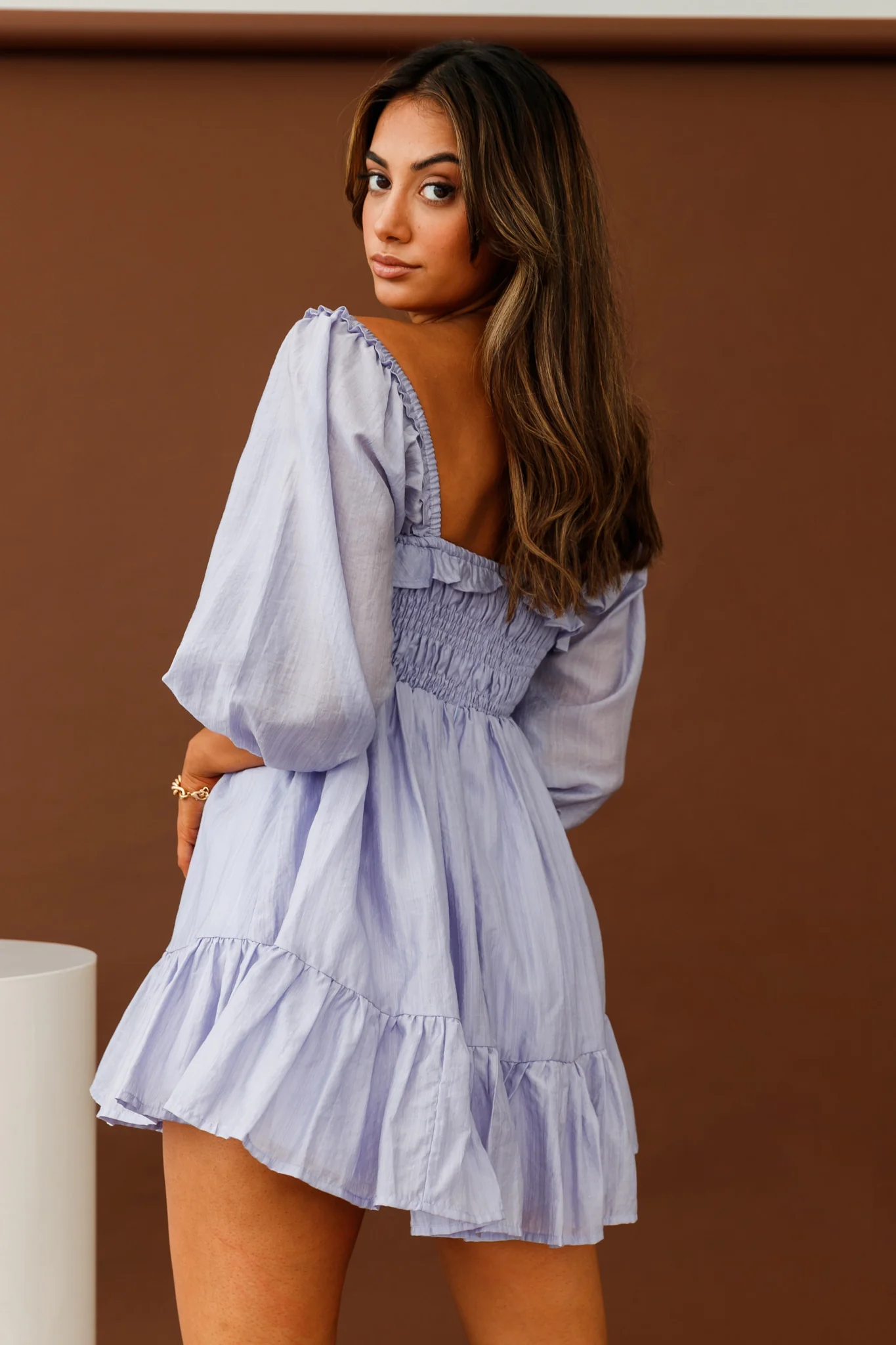 Flynn Balloon Sleeve Shirred Bust Mini Dress Lavender