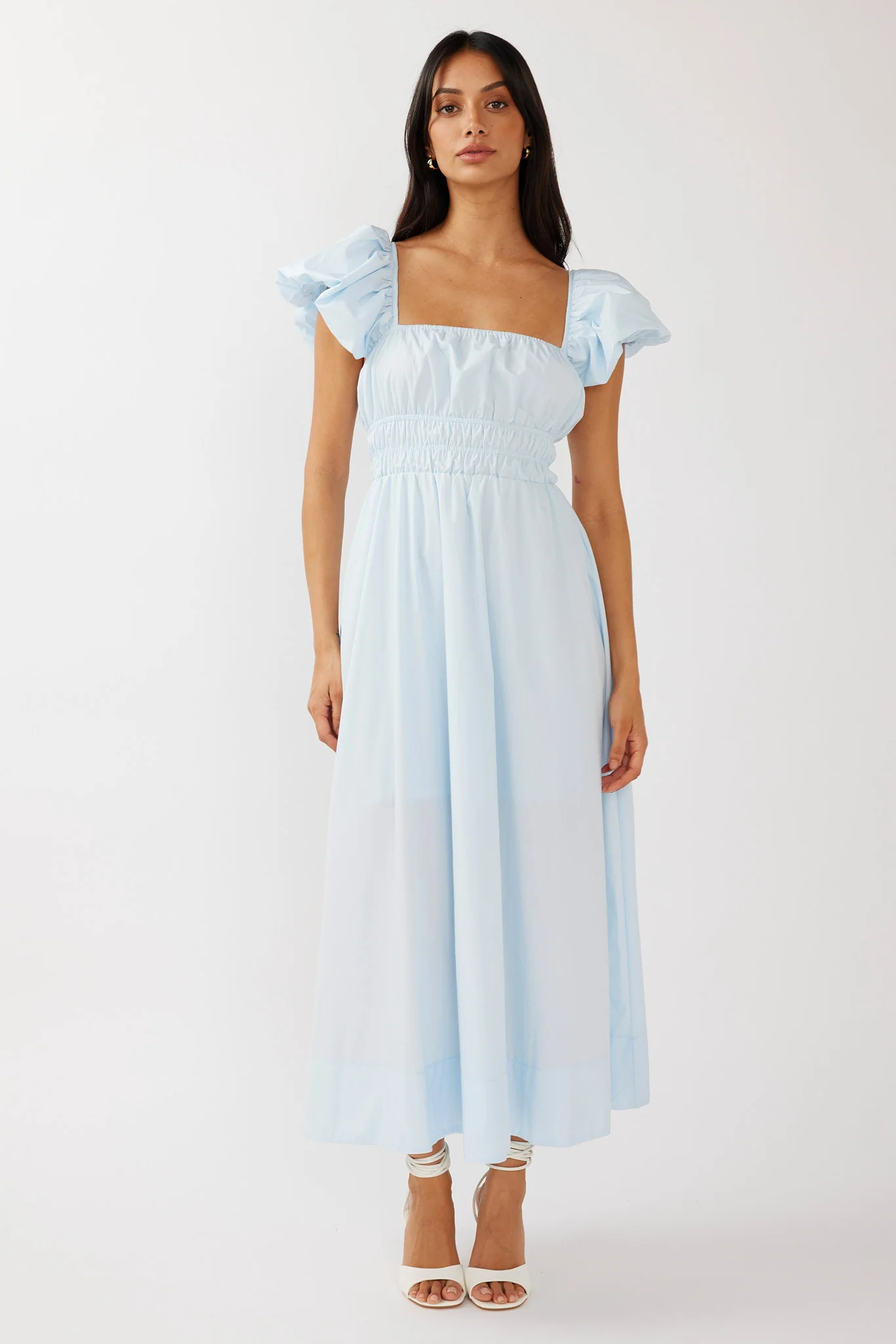 Rose Meadow Puffed Sleeve Midi Dress Blue