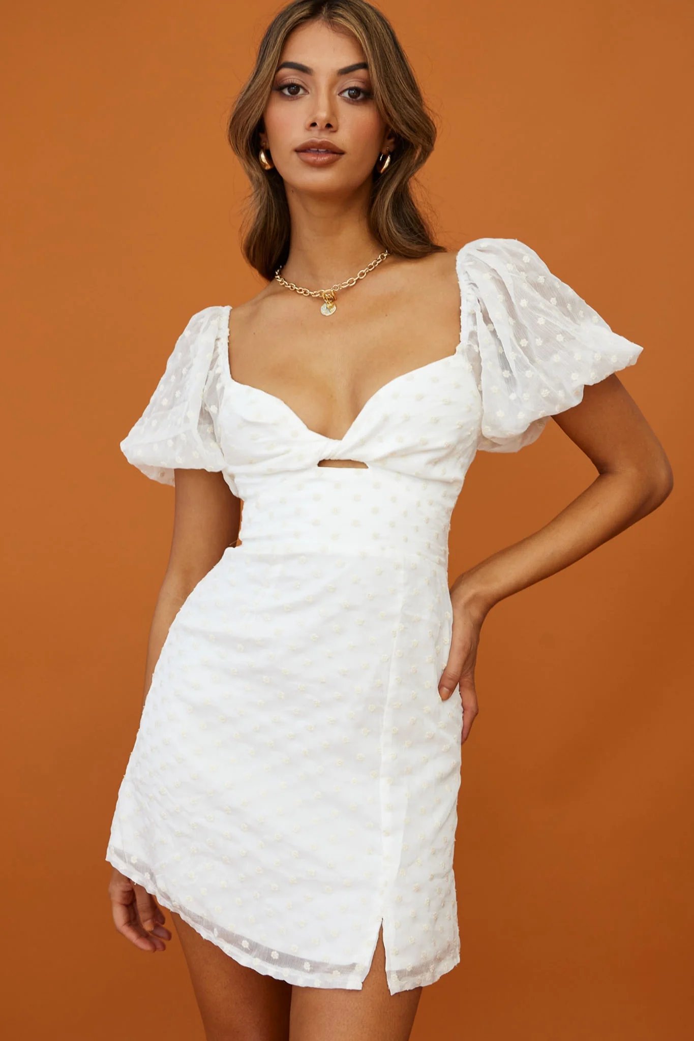 Molli Sheer Puff Sleeve Twist Feature Dress White
