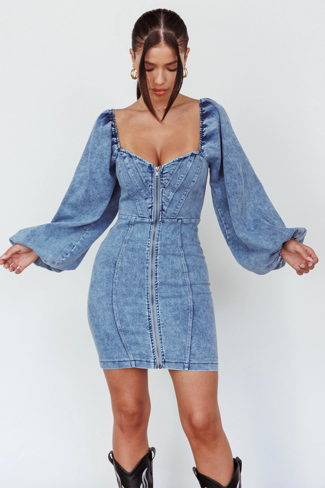 Tasmyn Balloon Sleeve Zipper Mini Dress Denim