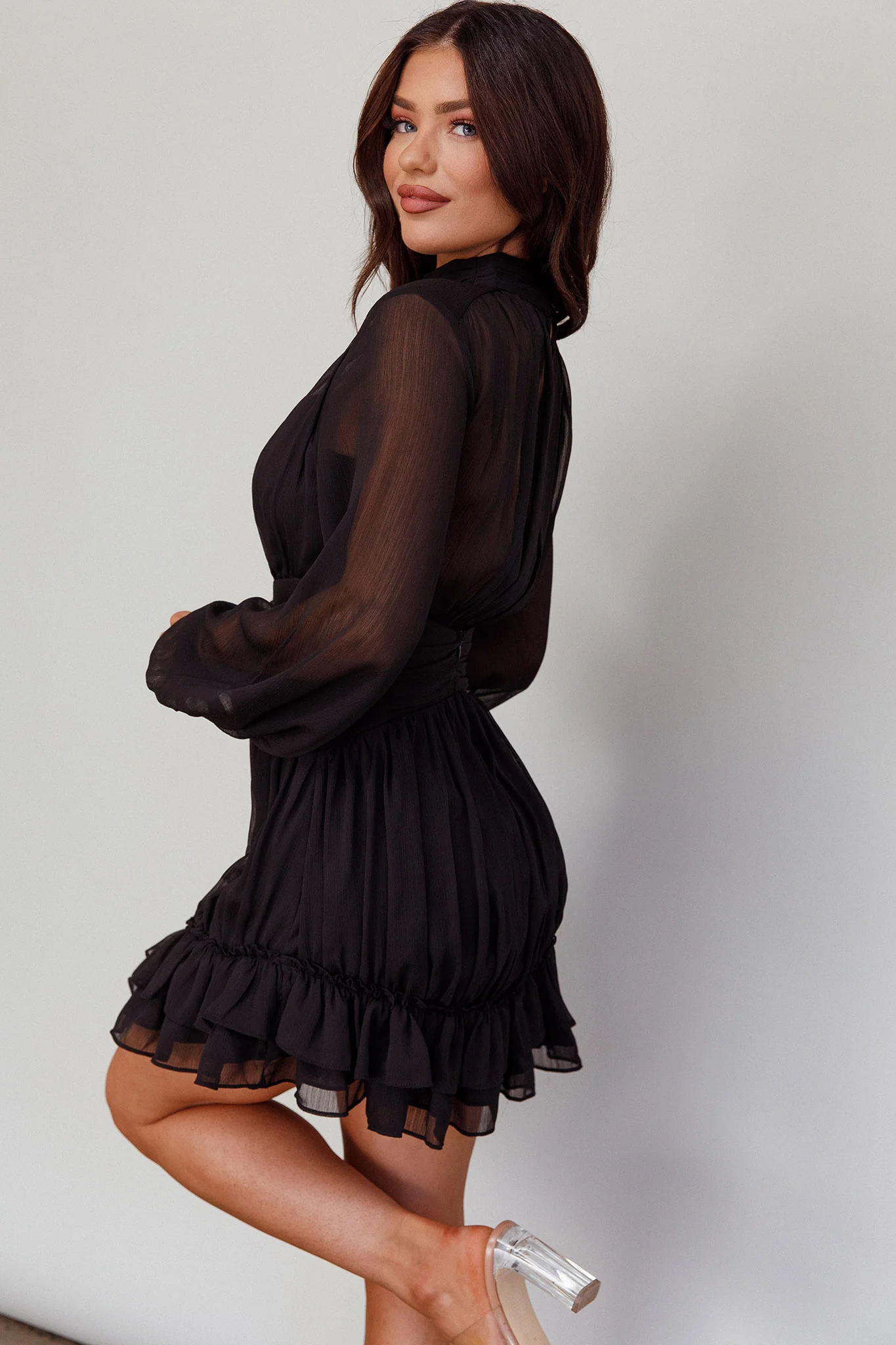 Mandalay High Neck Long Sleeve Waistband Dress Black