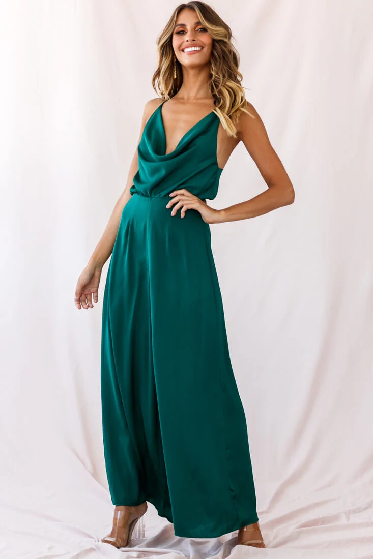 Jaclyn Wide-Leg Cowl Neck Jumpsuit Forest Green