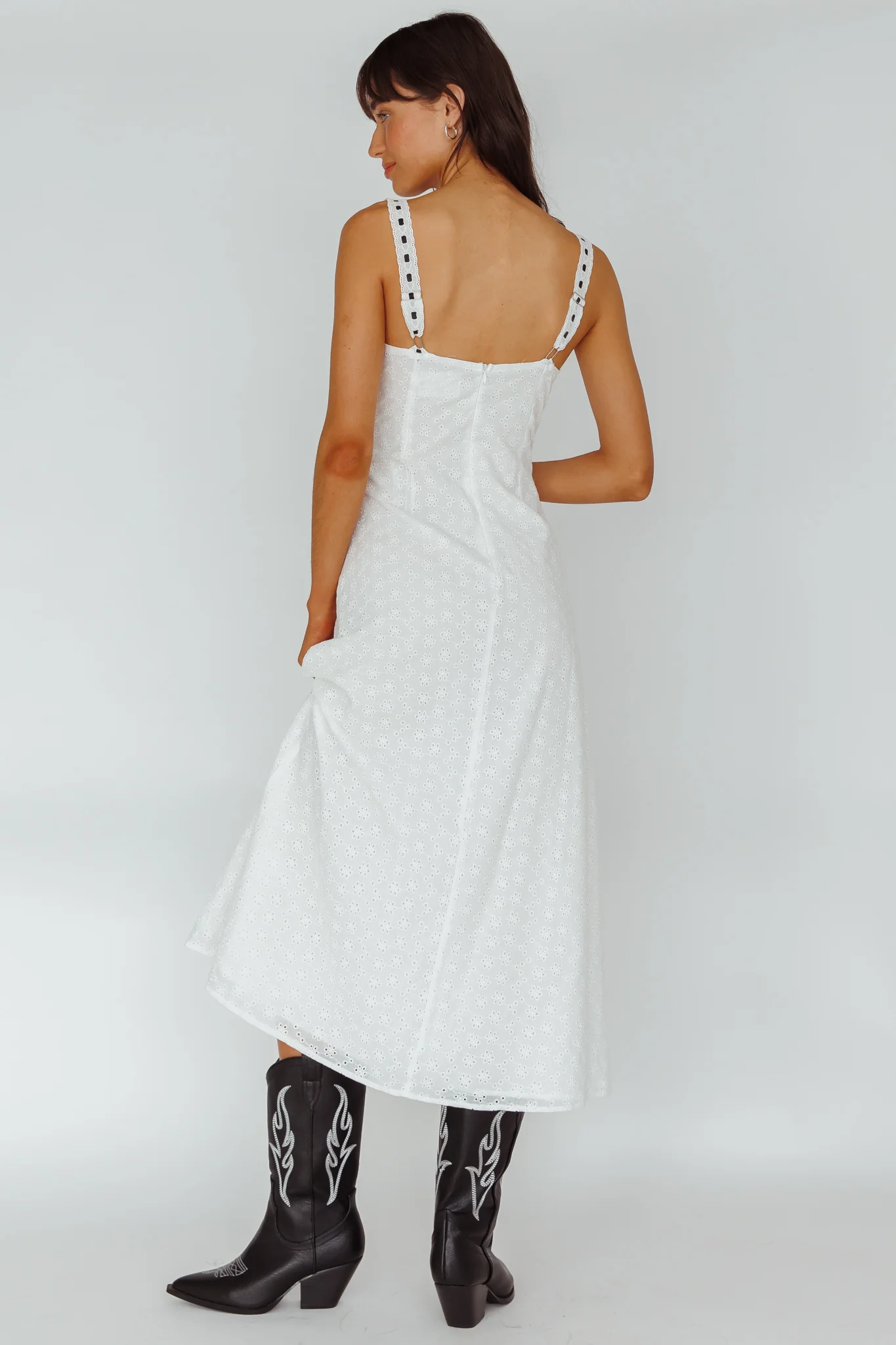 Sunbeam Eyelet Embroidery Bow Midi Dress White