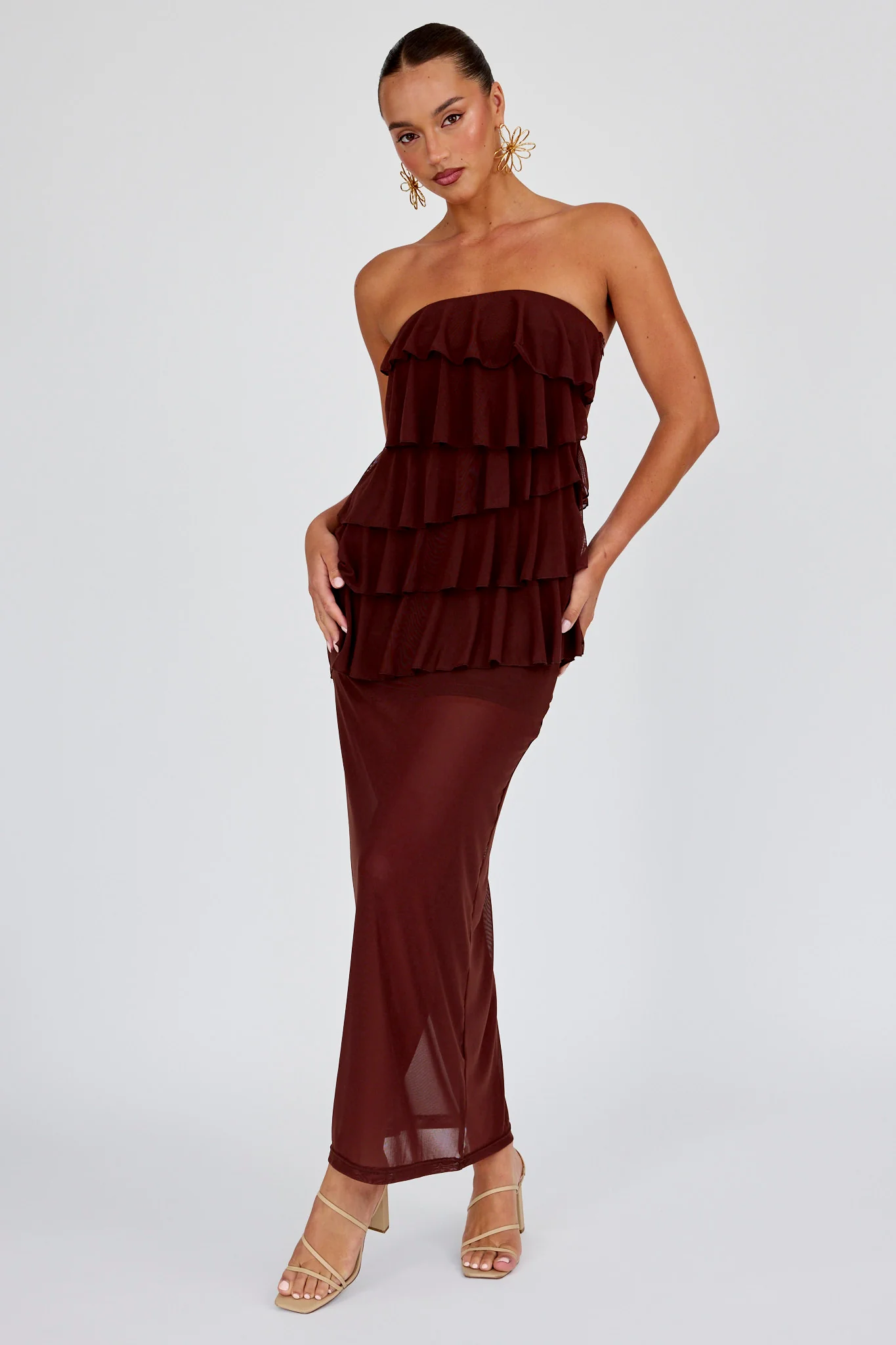 Crewe Strapless Ruffle Maxi Dress Chocolate