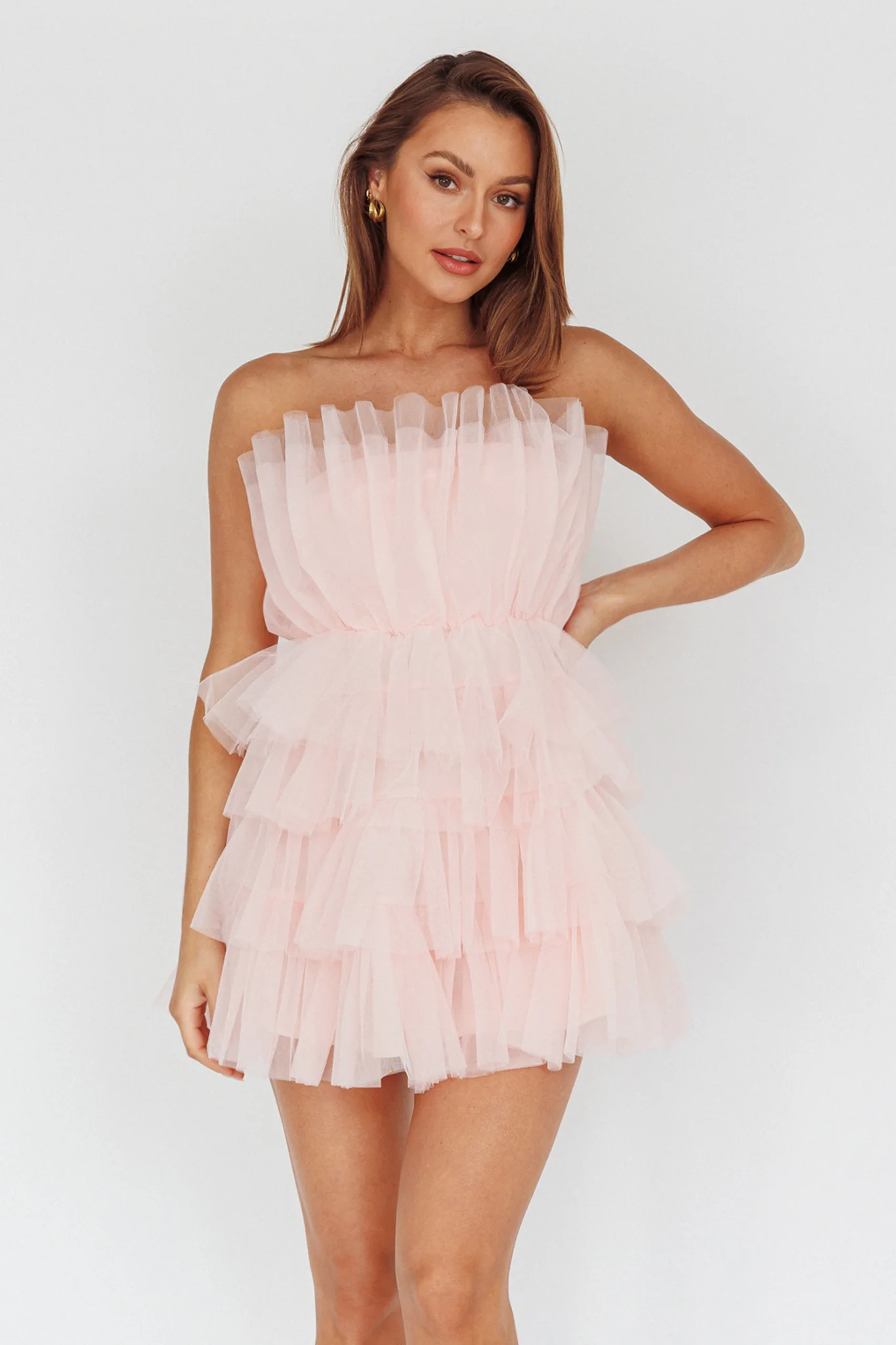 Bon Bon Tiered Mesh Mini Dress Blush