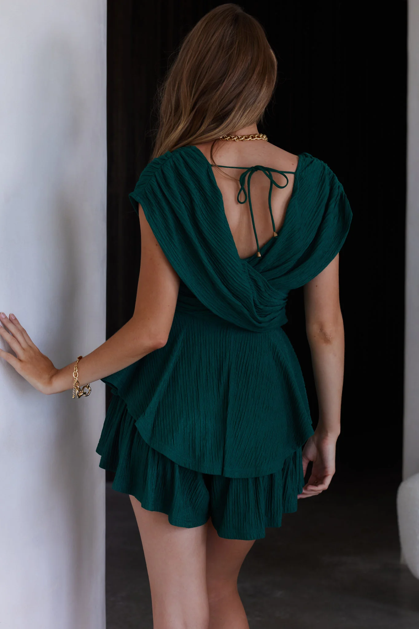 Glory Crossover Bust Layered Hem Romper Forest Green