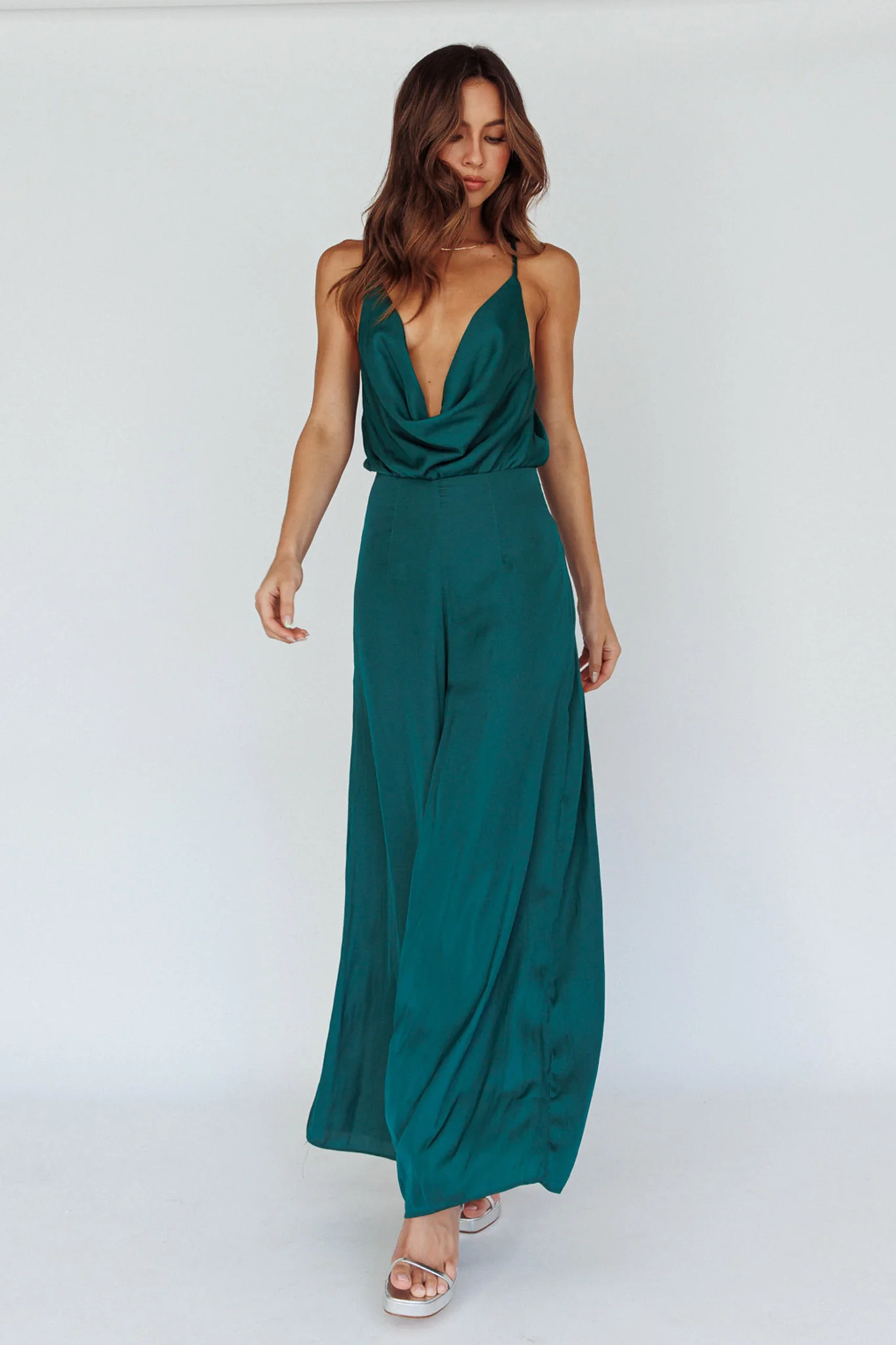 Jaclyn Wide-Leg Cowl Neck Jumpsuit Forest Green