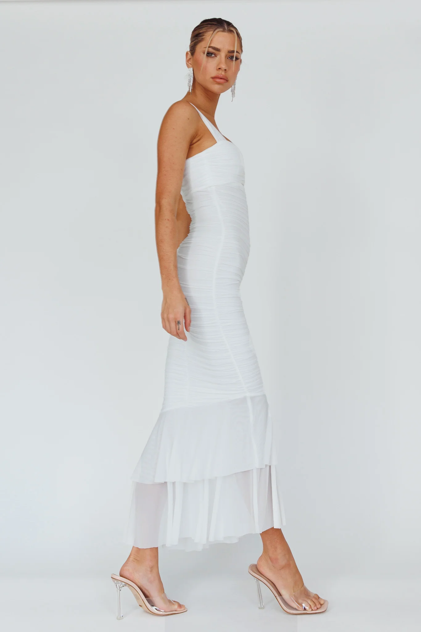 Nadia Ruched Fishtail Maxi Dress White