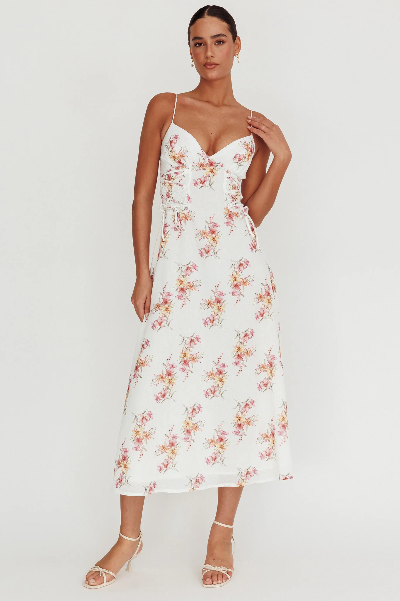 Kalaya Lace-Up Waist Midi Dress Floral