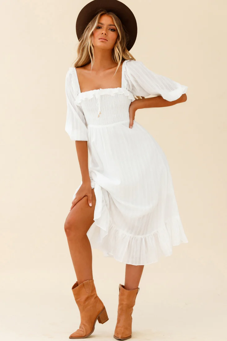 Flynn Off-Shoulder Shirred Bust Midi Dress White