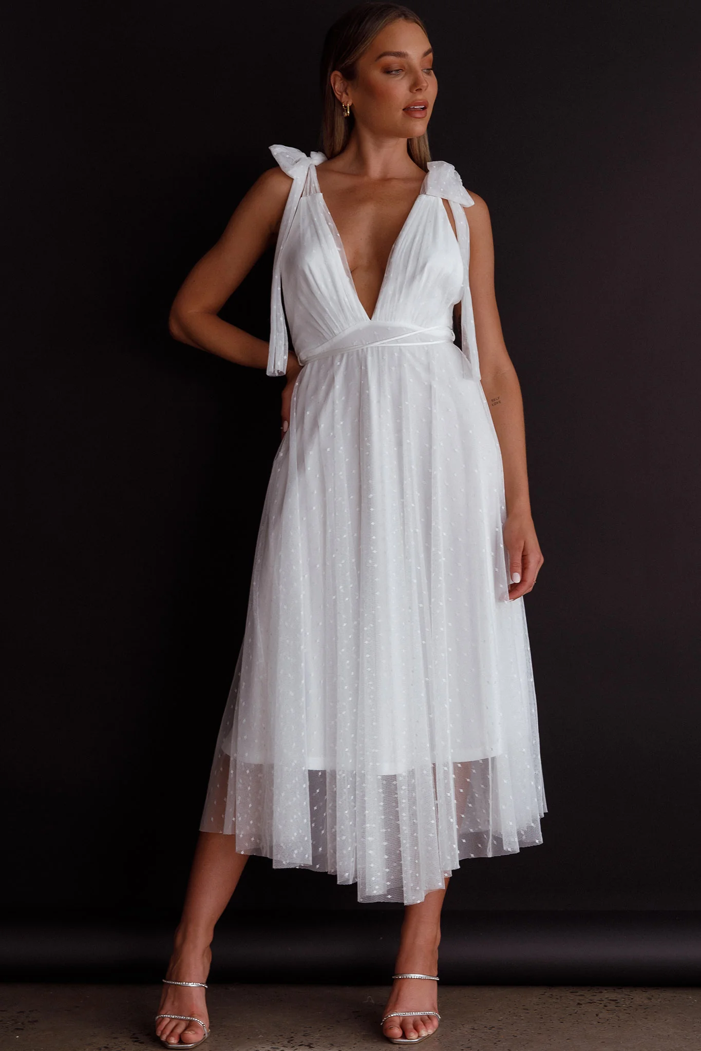 Kathryn Tied Shoulder Mesh Midi Dress White