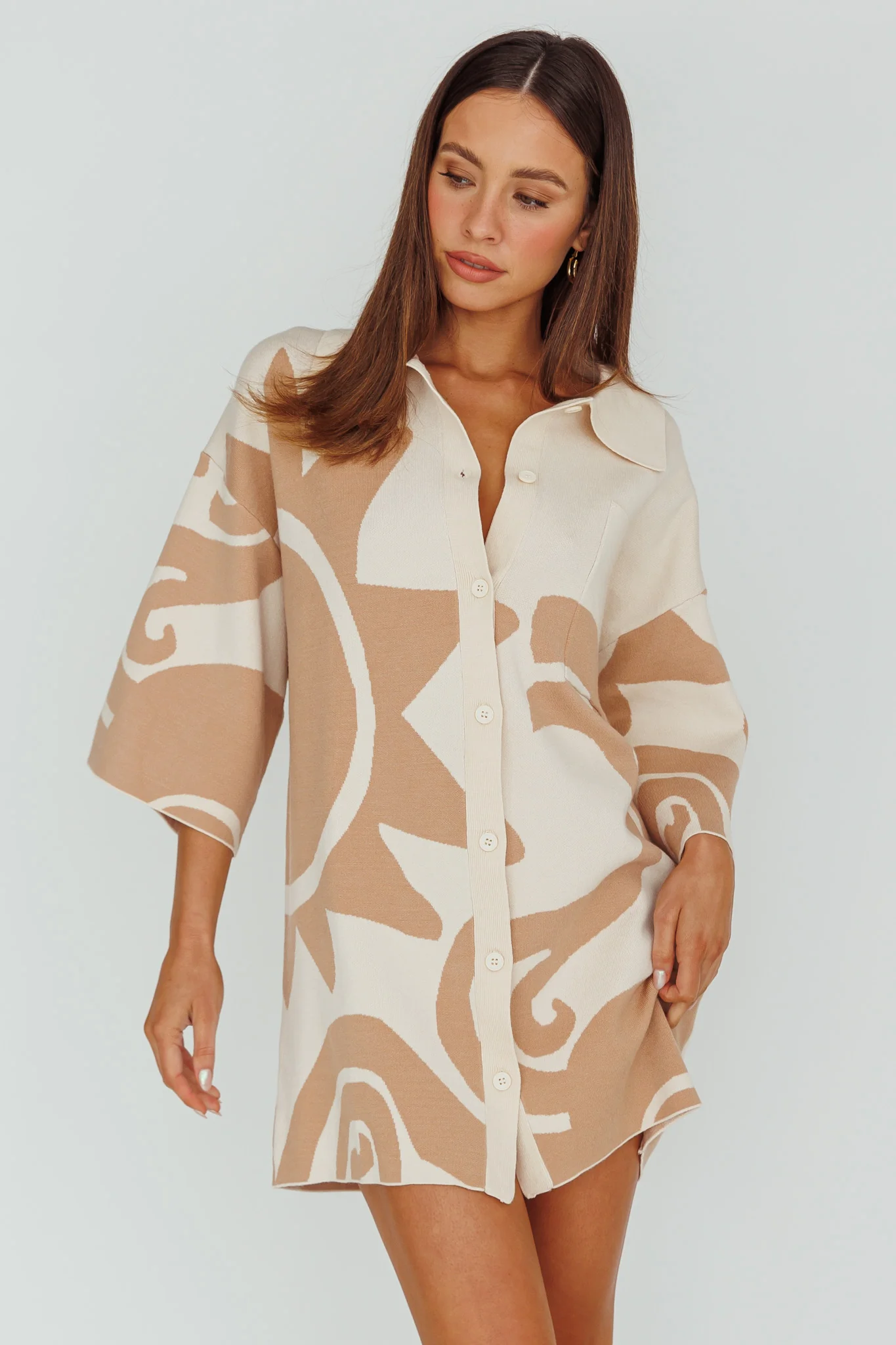 Nalani Button Up Knit Shirt Dress Sand/Wood