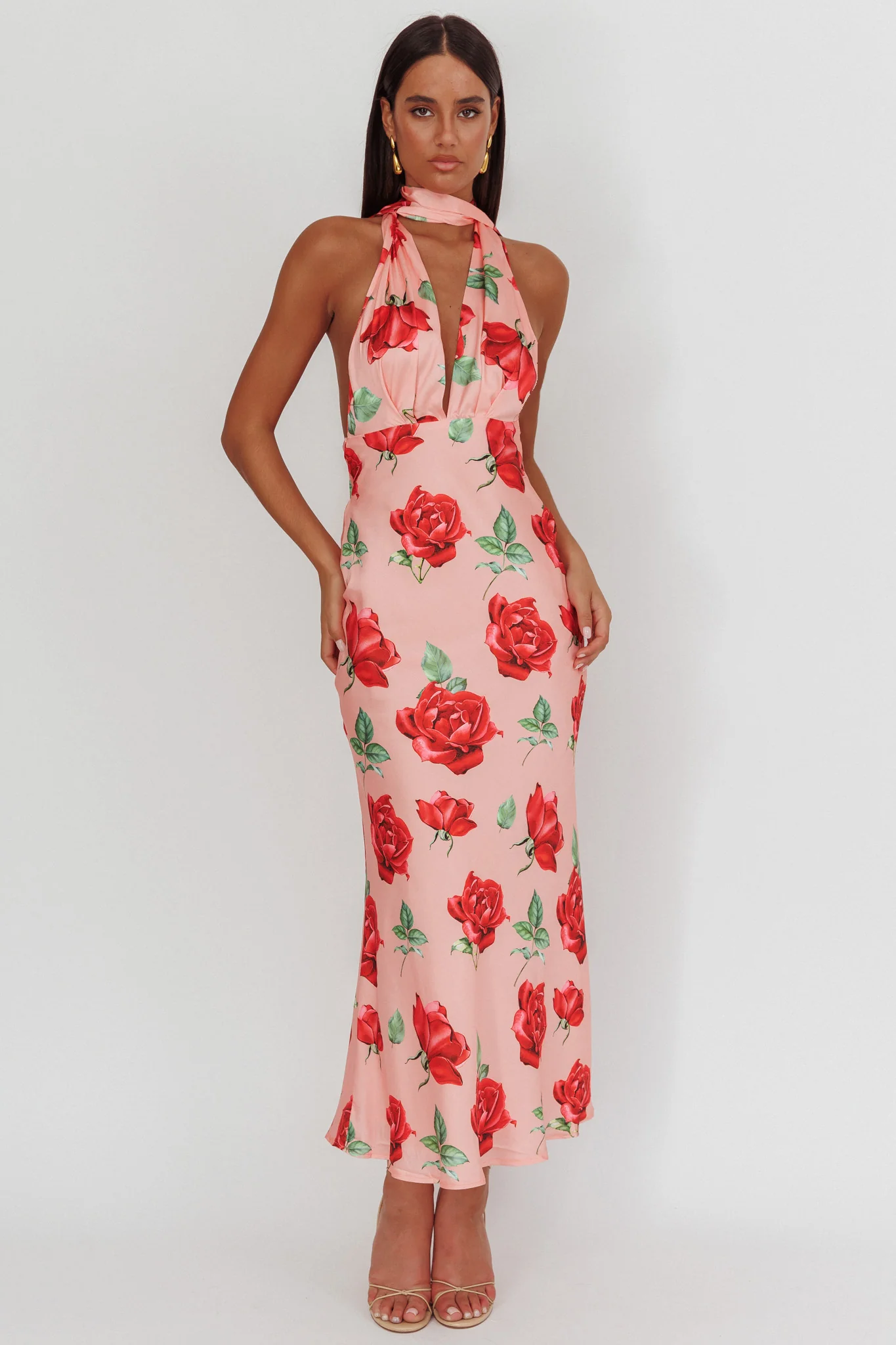 Italia Azure Halterneck Maxi Dress Rose