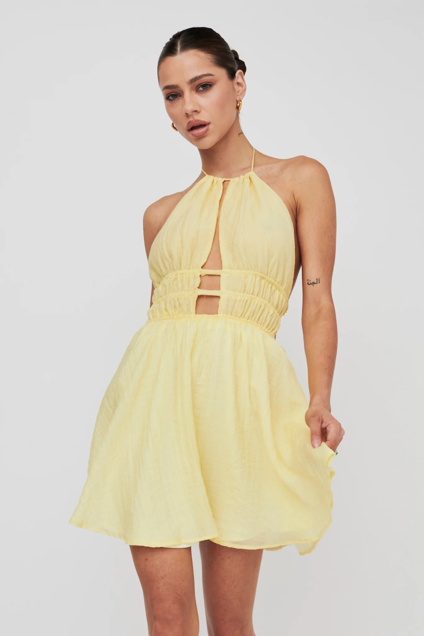 Cyndi Open Back Halterneck Mini Dress Lemon