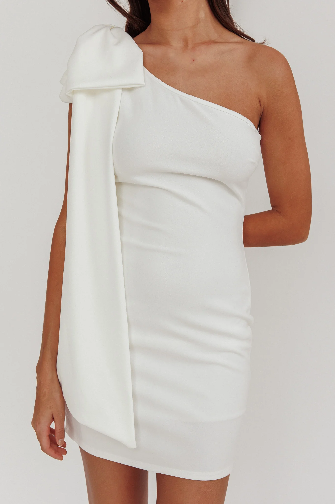 Earned It One Shoulder Bow Mini Dress Ivory