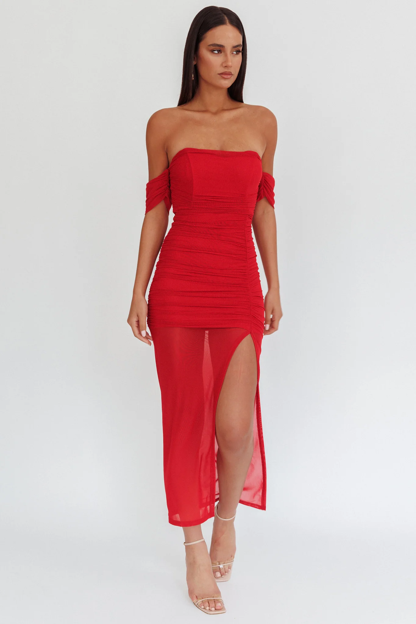 Melonie Off-Shoulder Mesh Maxi Dress Red
