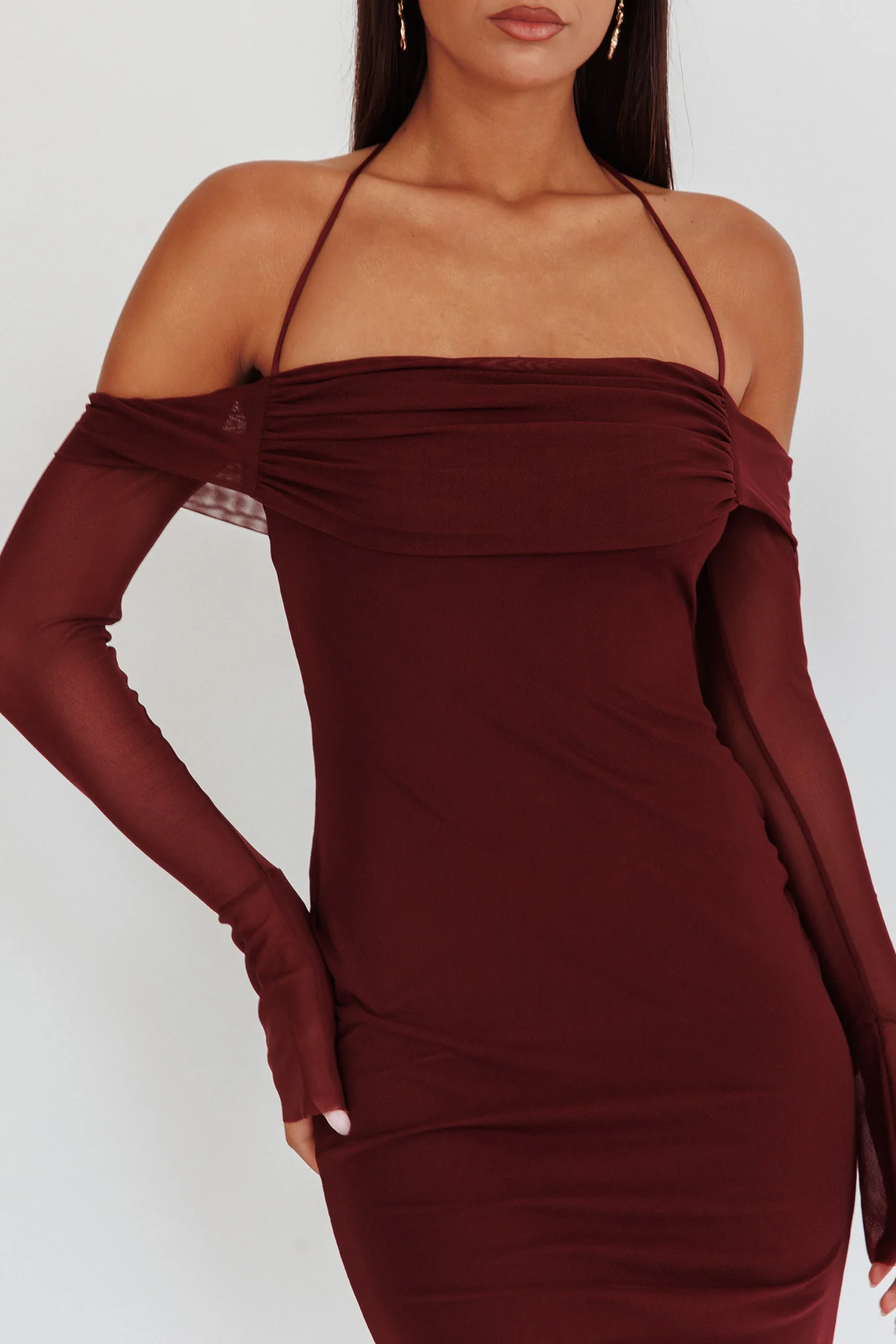 Numbers Game Off-Shoulder Halter Maxi Dress Chocolate