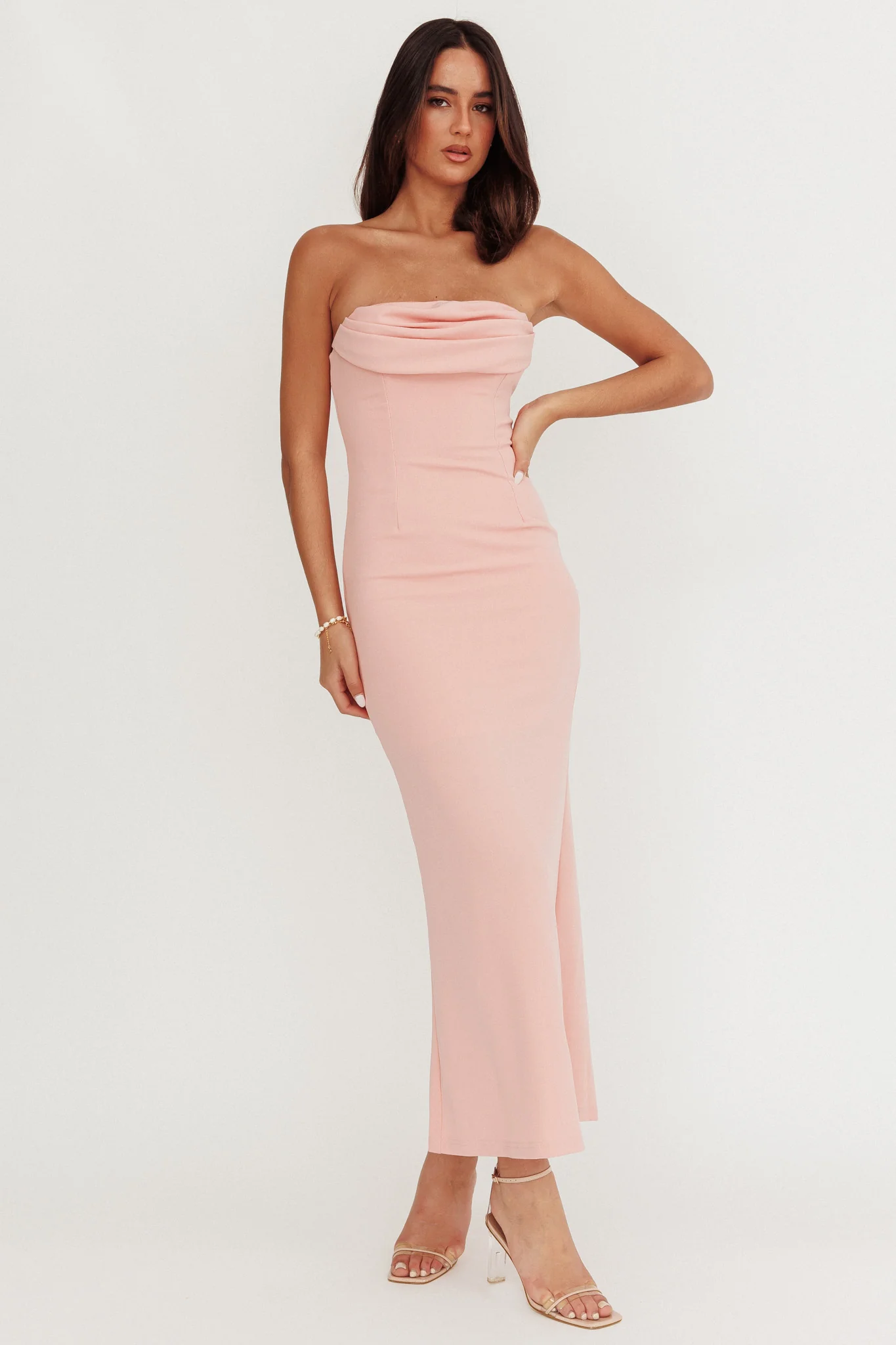 Well Versed Strapless Pleat Bust Maxi Dress Pink