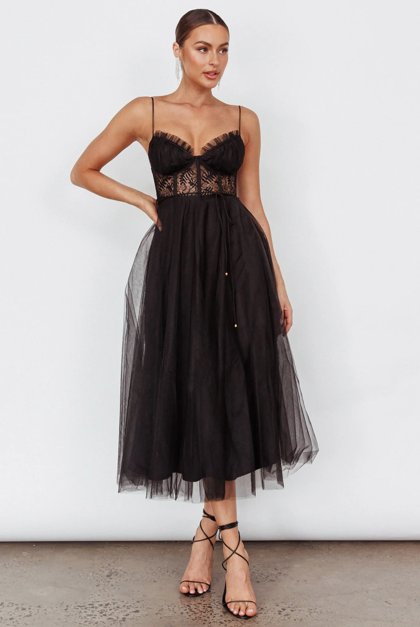 Trophy Lace Bodice Mesh Midi Dress Black