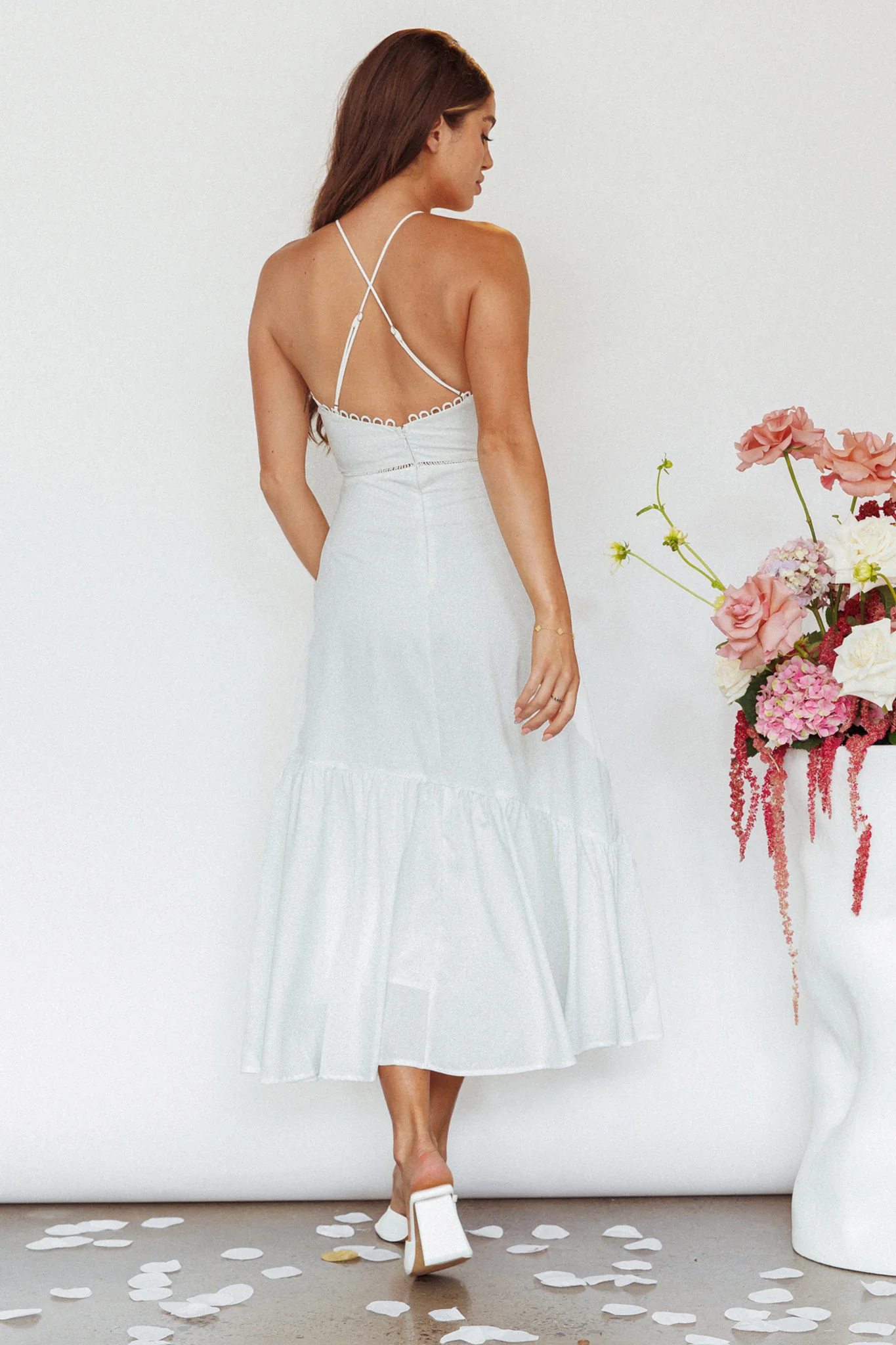 Felini Criss-Cross Back Flounce Midi Dress White