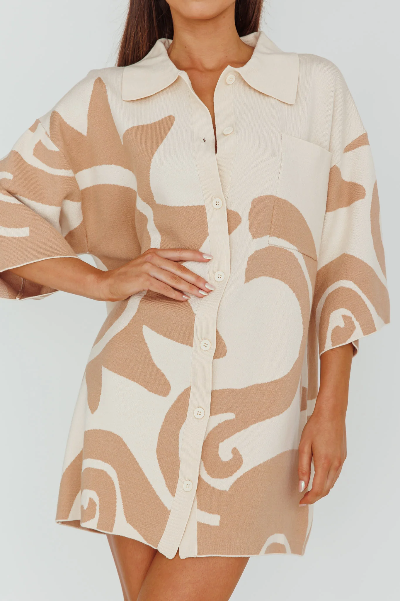 Nalani Button Up Knit Shirt Dress Sand/Wood