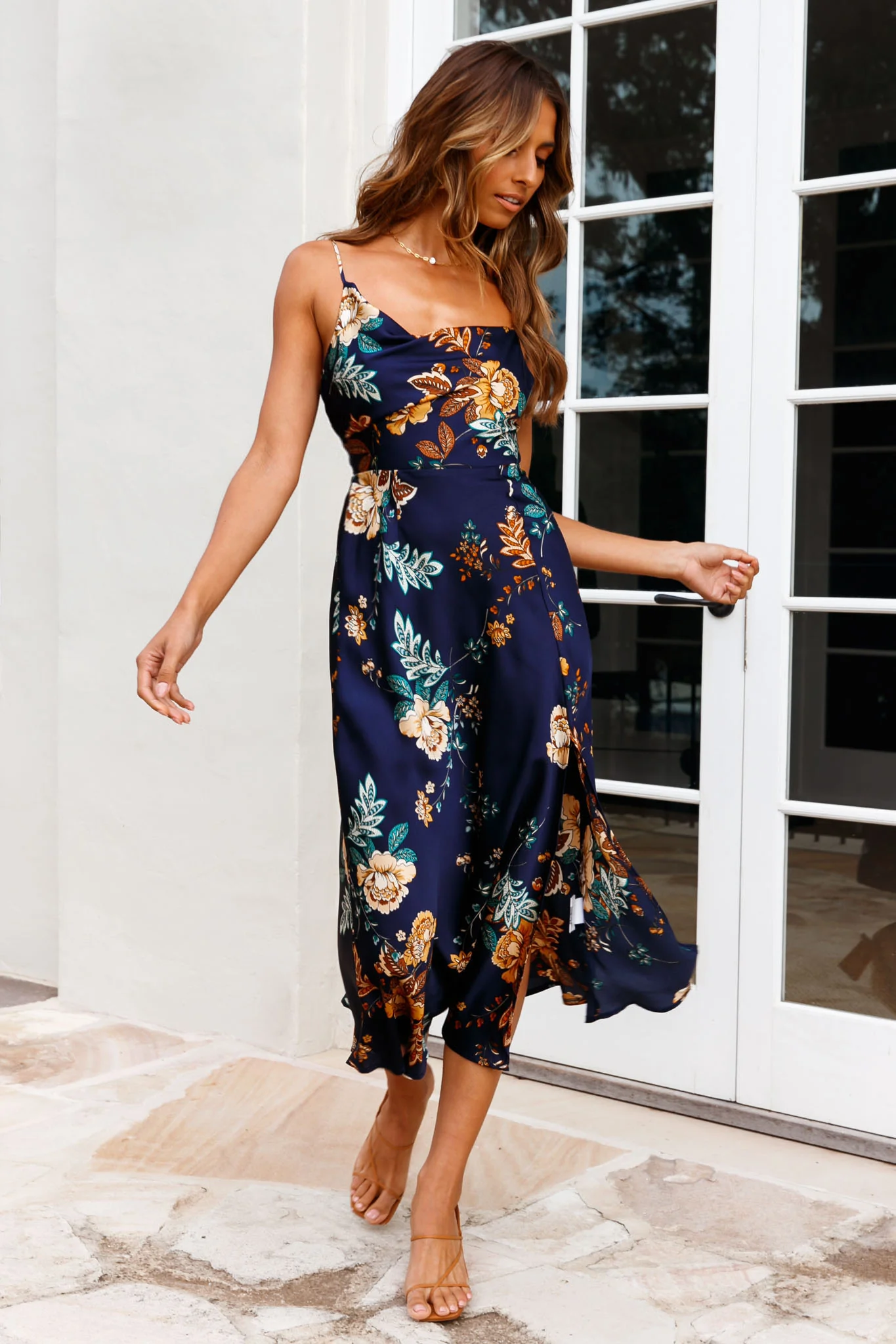 Suki Front Split Midi Dress Oriental Floral Print Navy
