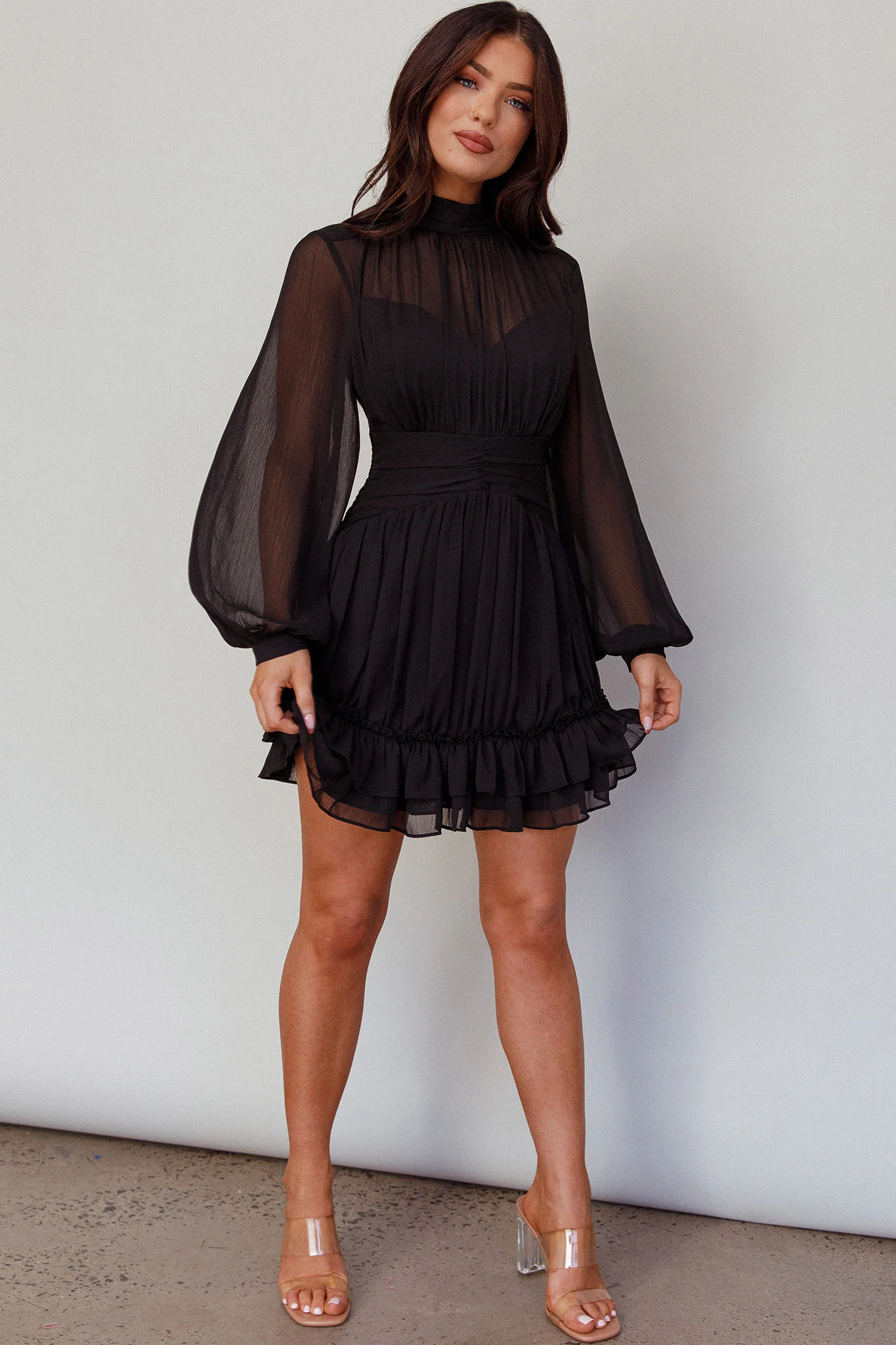 Mandalay High Neck Long Sleeve Waistband Dress Black