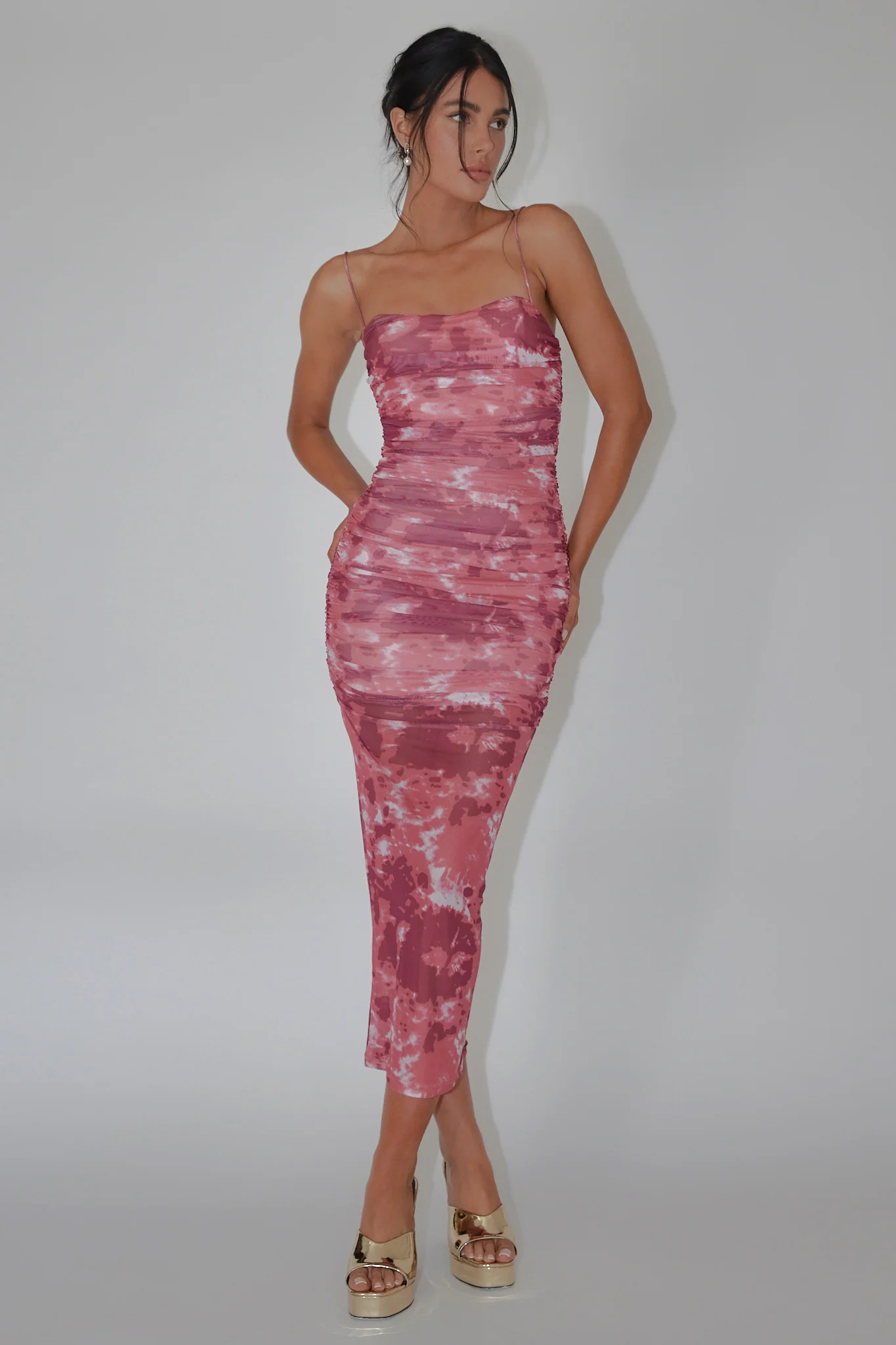 Logan Strapless Ruched Midi Dress Print Wine