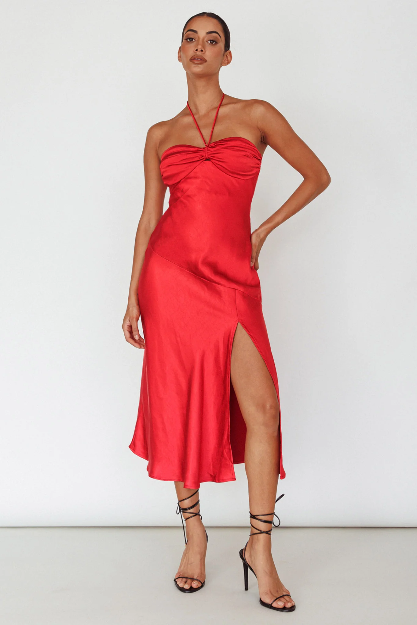 Kindred Spirit Strapless Gathered Bust Midi Dress Red