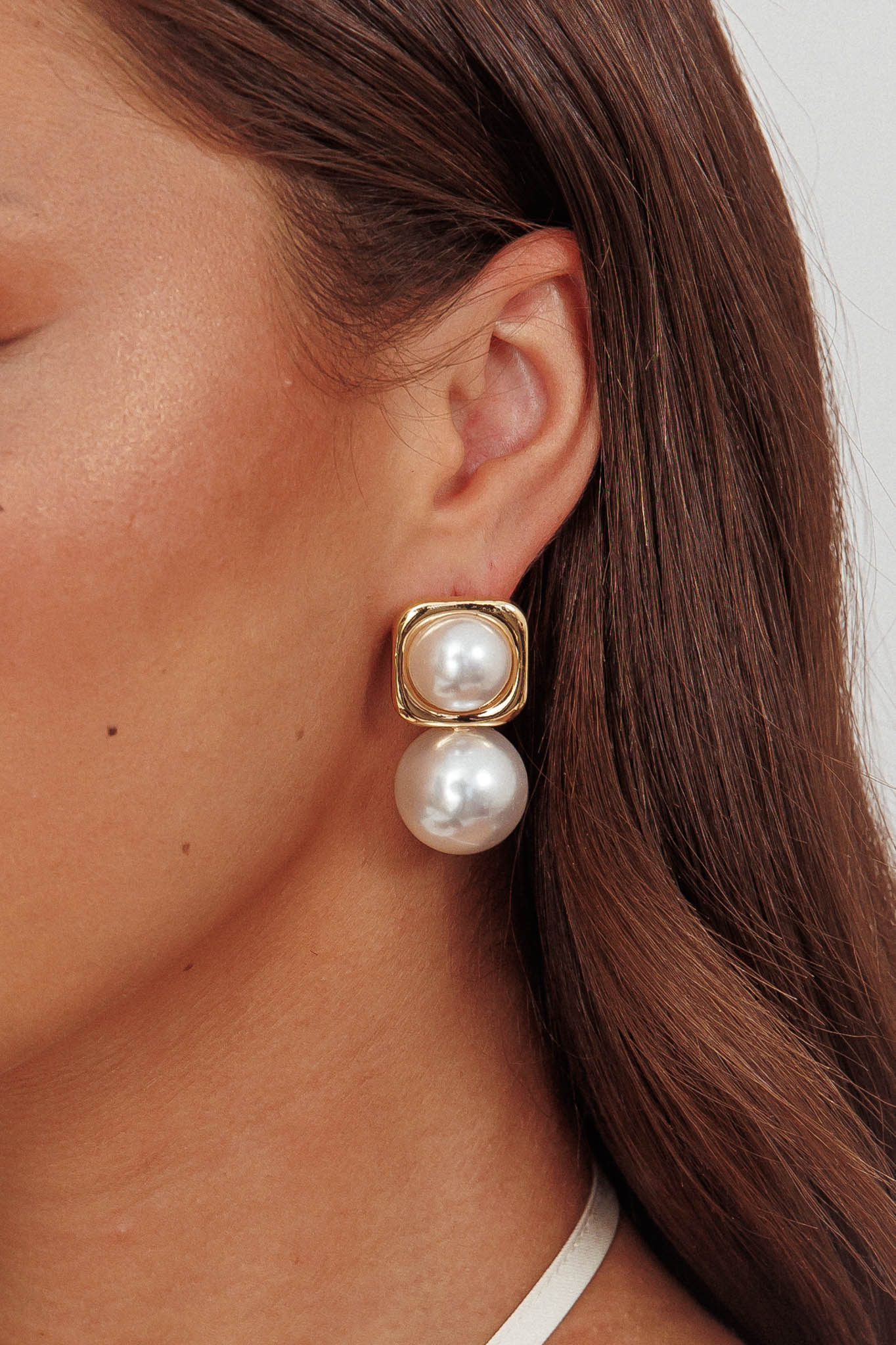 Clara Square Pearl Drop Earrings Gold Pearl