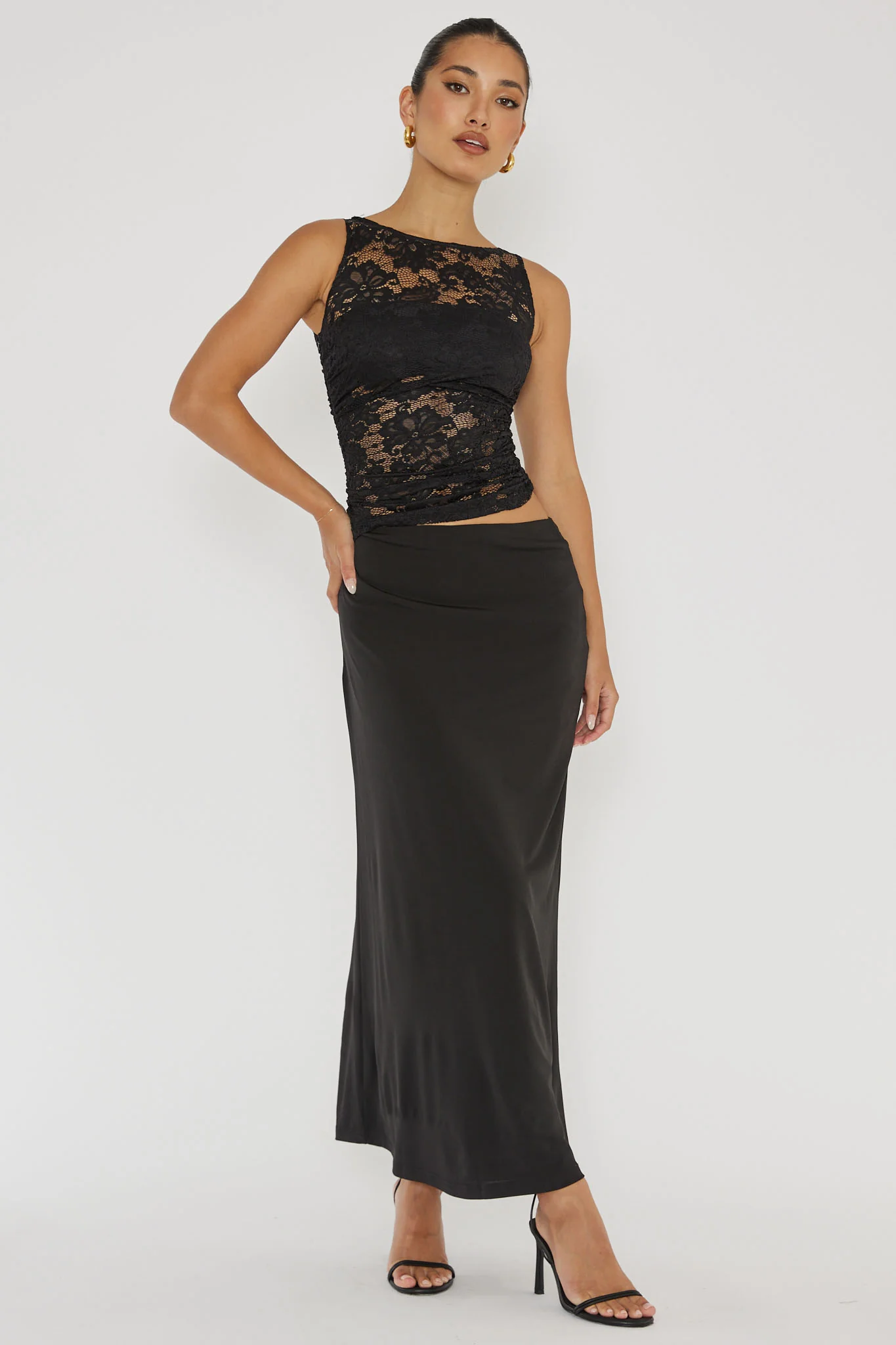 Lorely Ruched Lace Bodice Maxi Dress Black