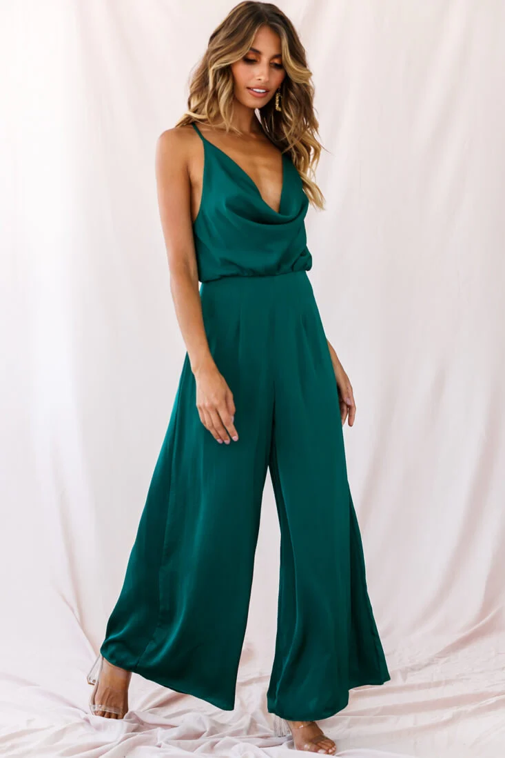 Jaclyn Wide-Leg Cowl Neck Jumpsuit Forest Green