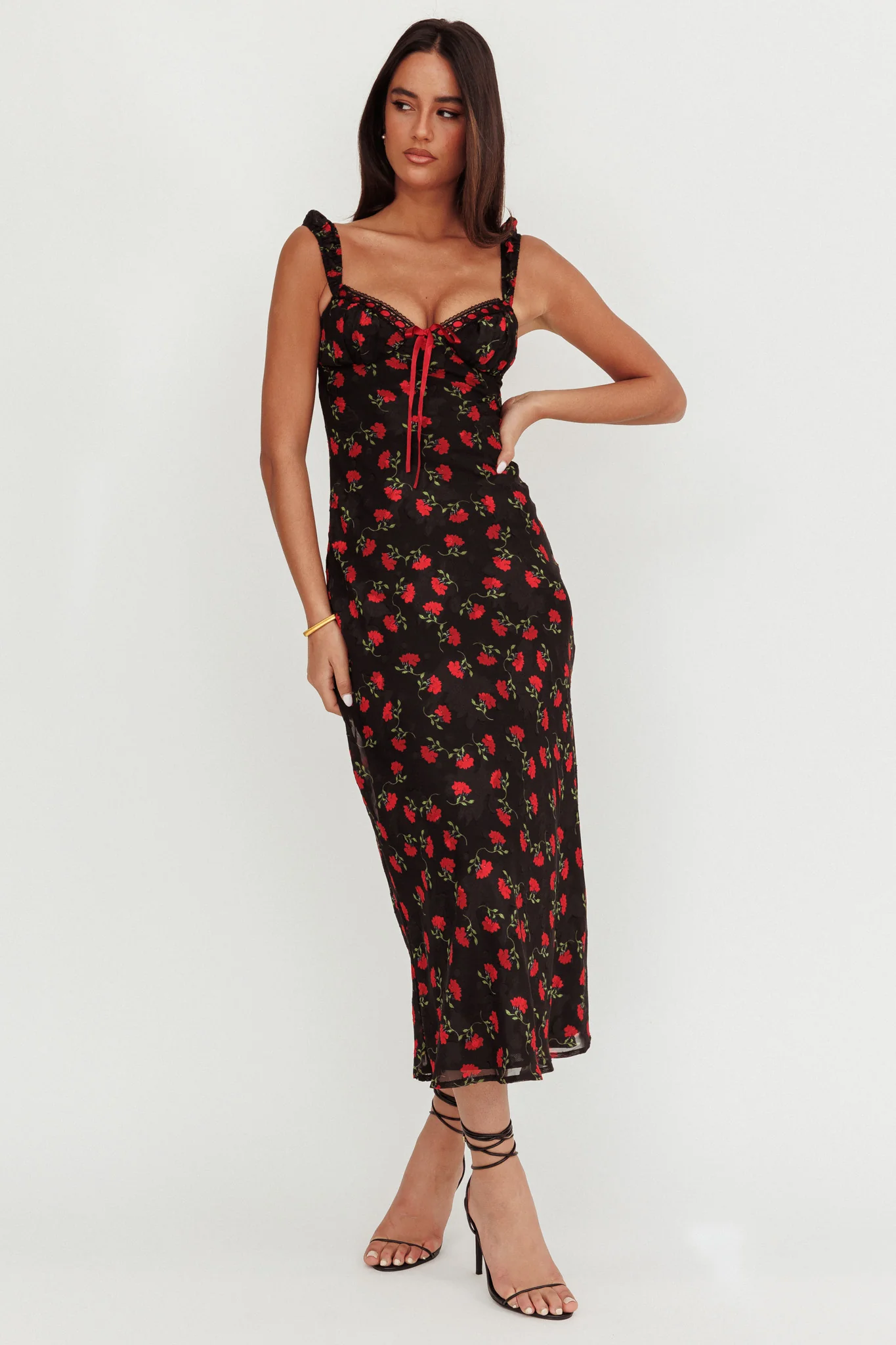 Femme Belle Ribbon Trim Maxi Dress Floral Black