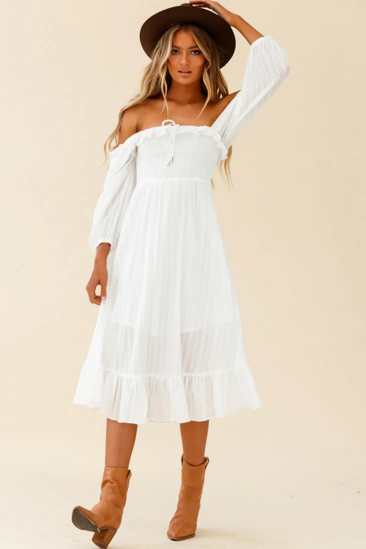 Flynn Off-Shoulder Shirred Bust Midi Dress White