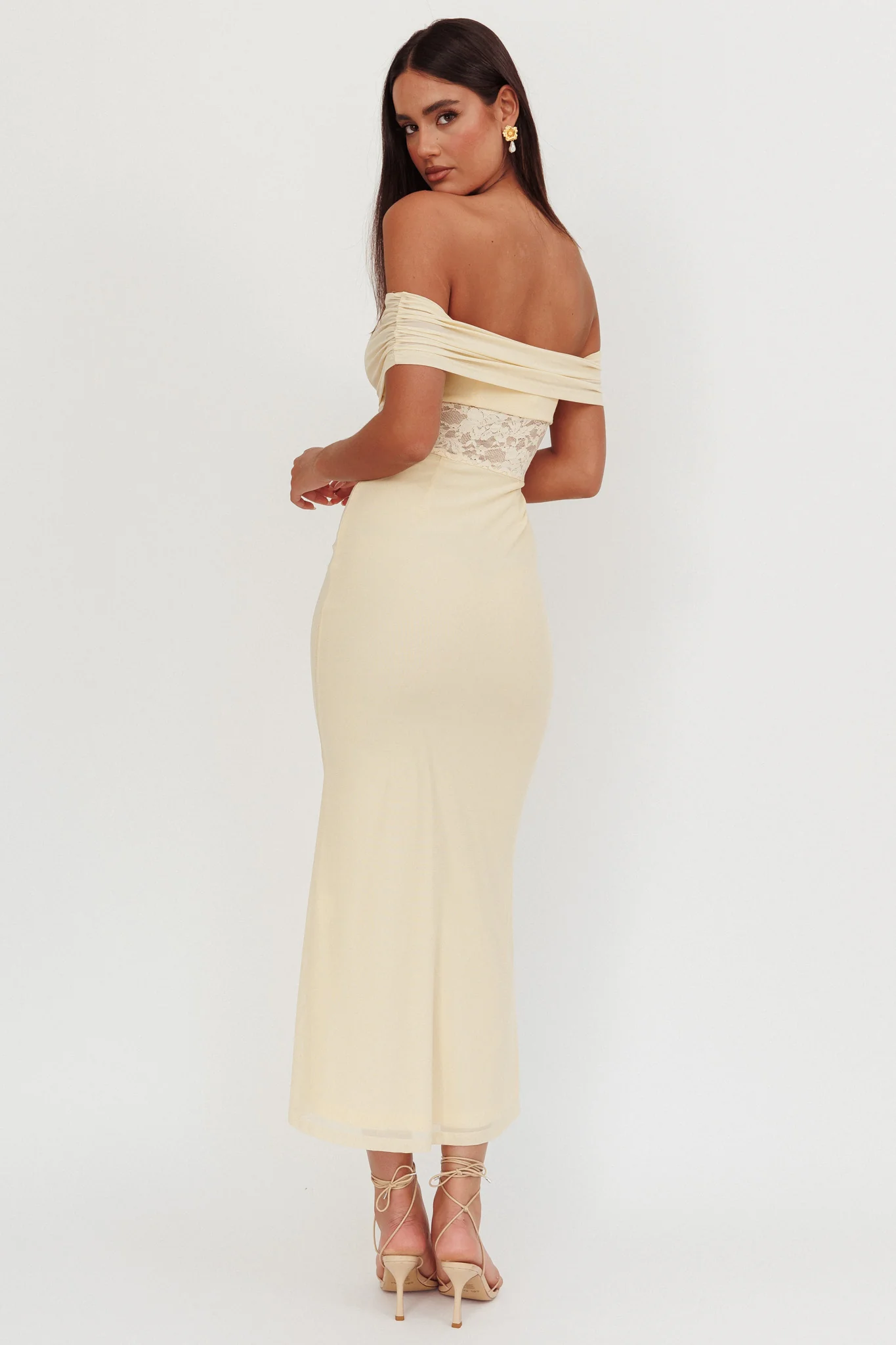 Flutters Off-Shoulder Lace Insert Maxi Dress Cream