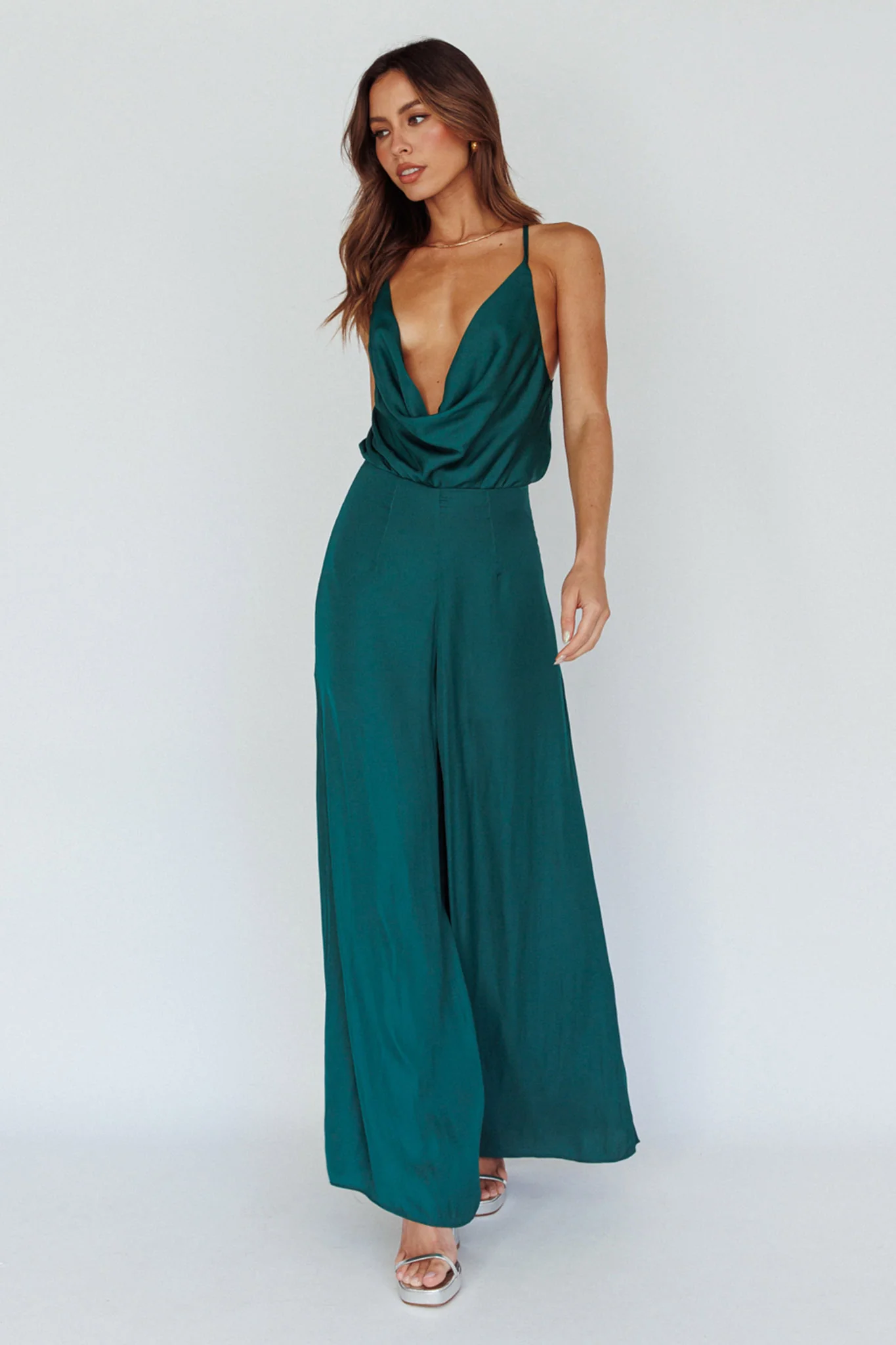 Jaclyn Wide-Leg Cowl Neck Jumpsuit Forest Green
