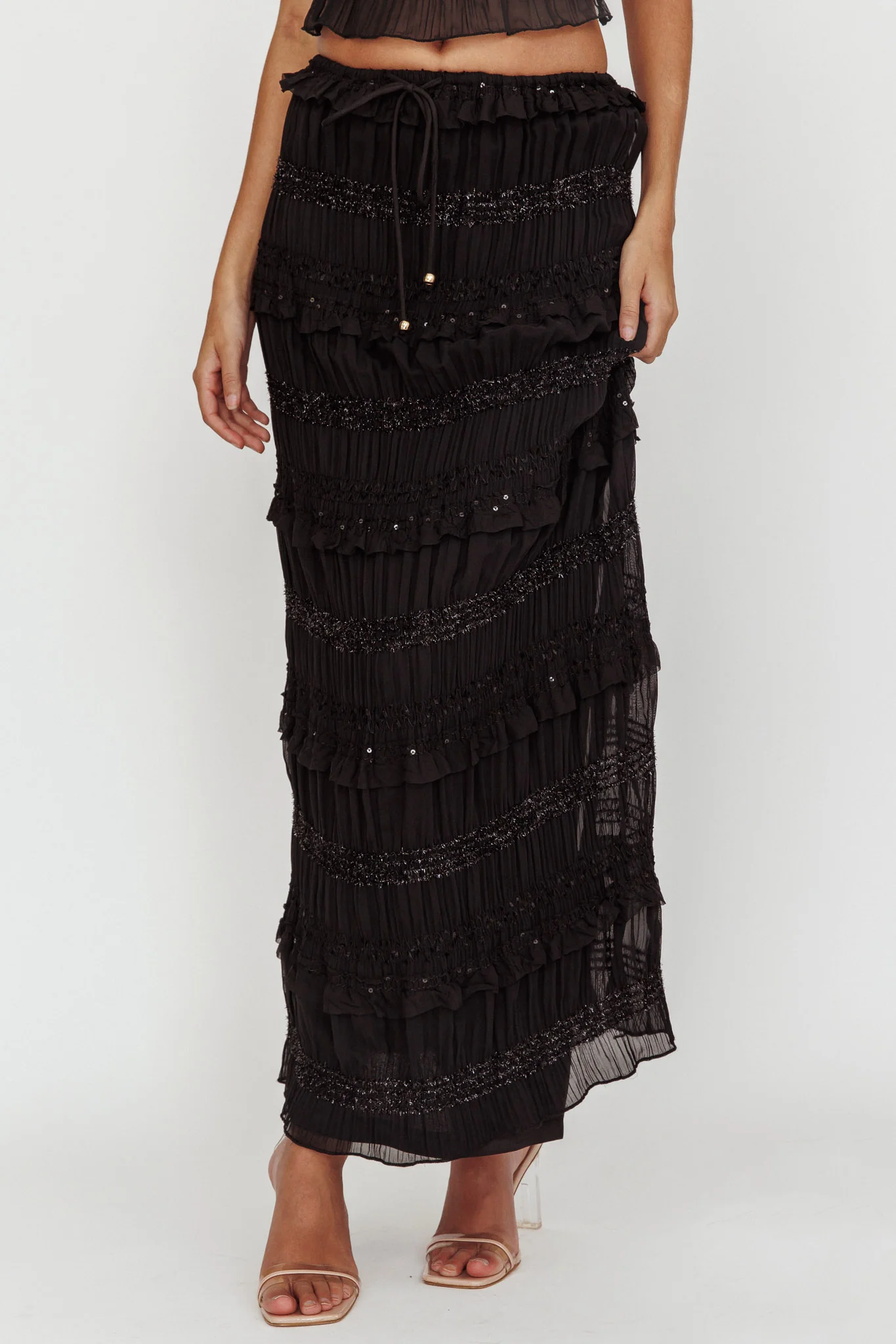Helios Shirred Sequin Maxi Skirt Black