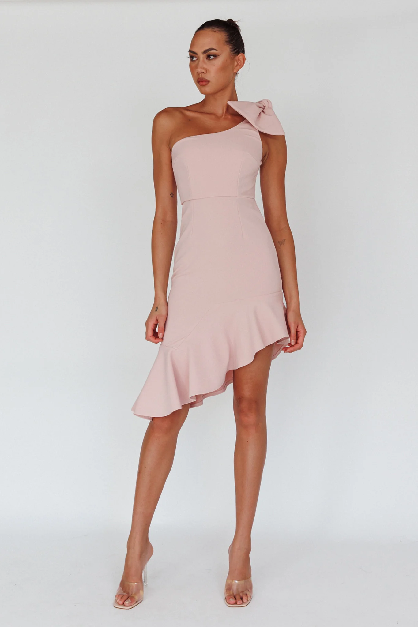 Tiffany One-Shoulder Bow Dress Blush