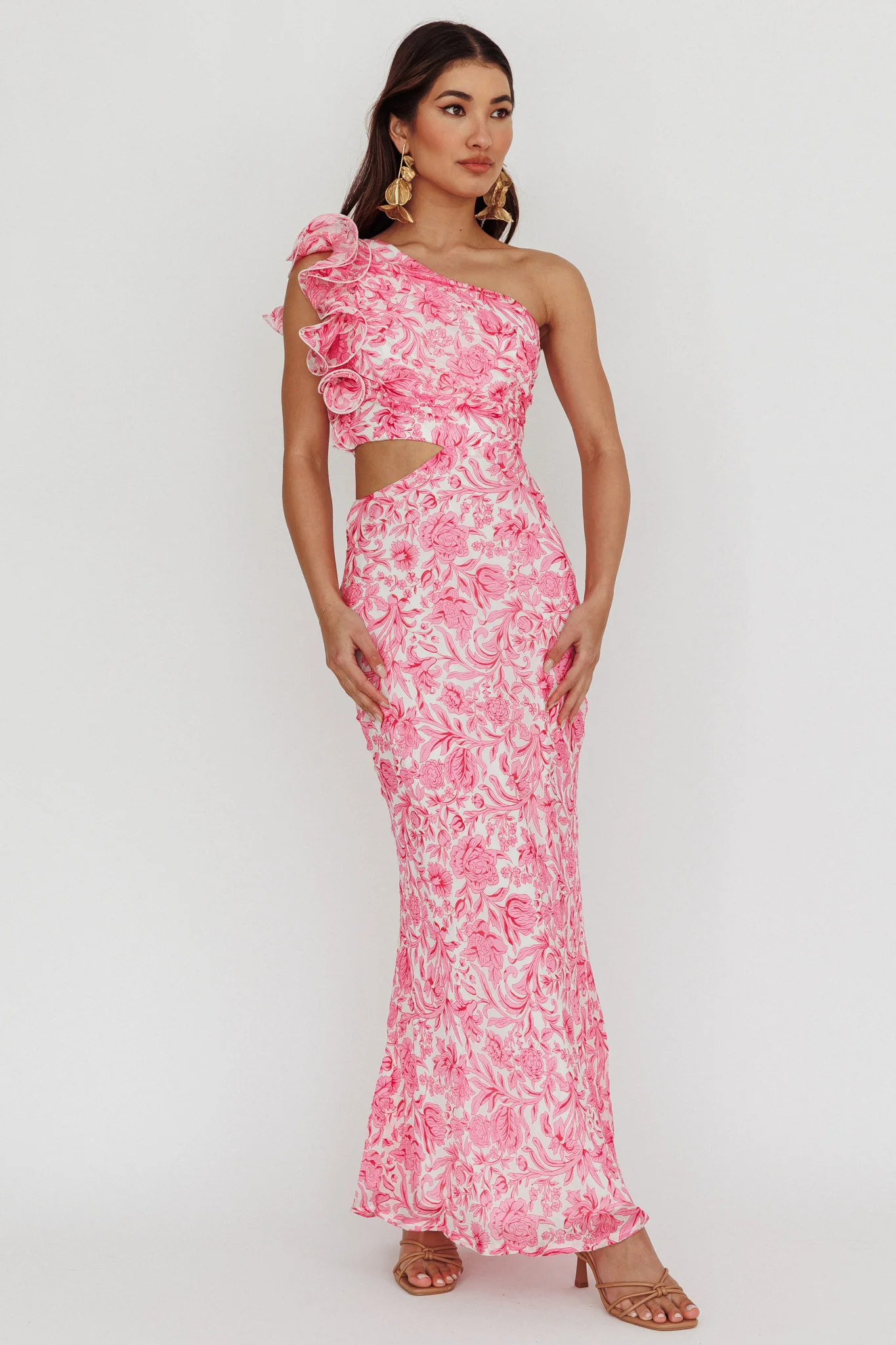 Deanna One-Shoulder Ruffle Midi Dress Floral Pink