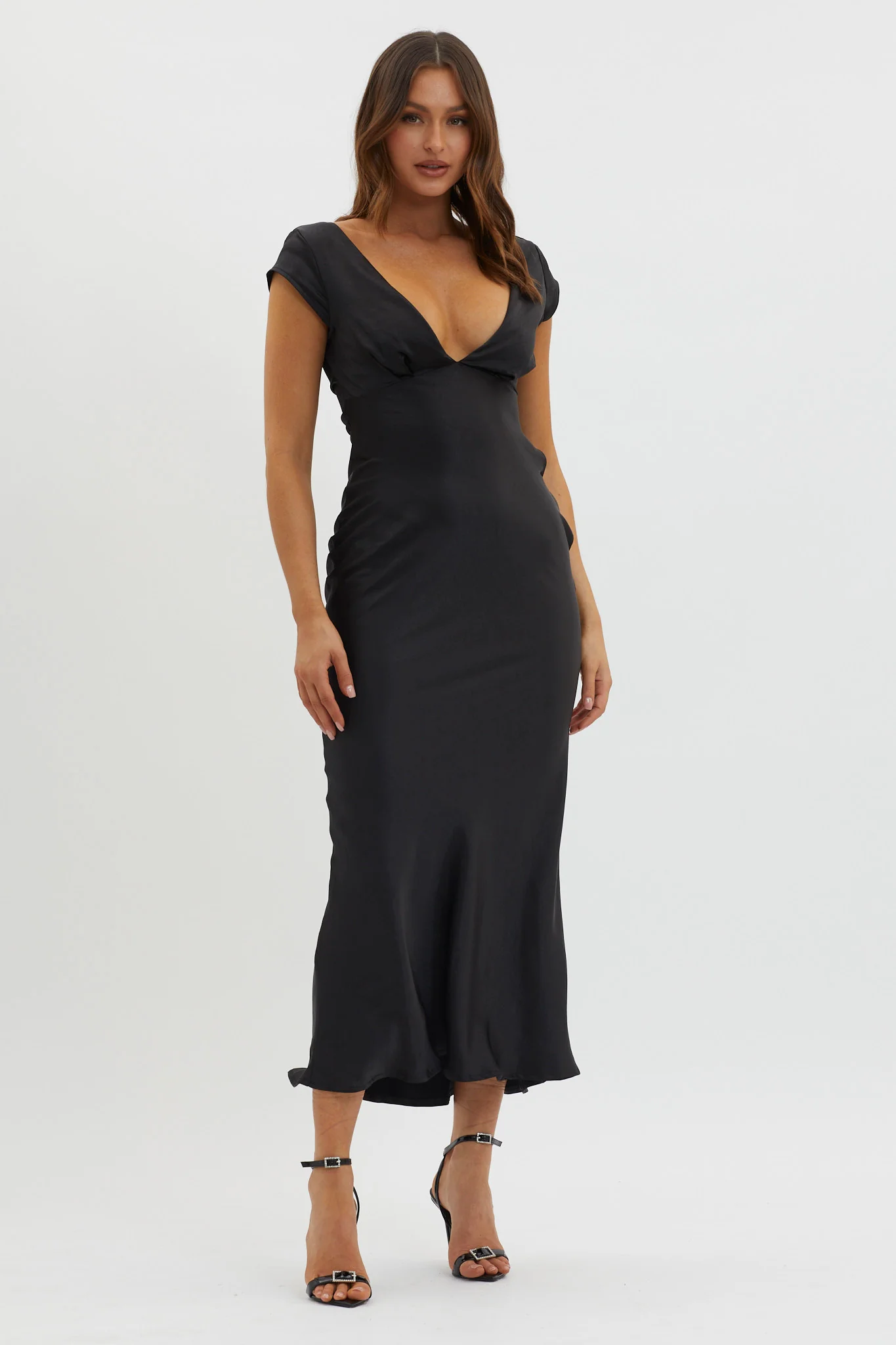 Lucinda V-Neck Twist Back Midi Dress Black