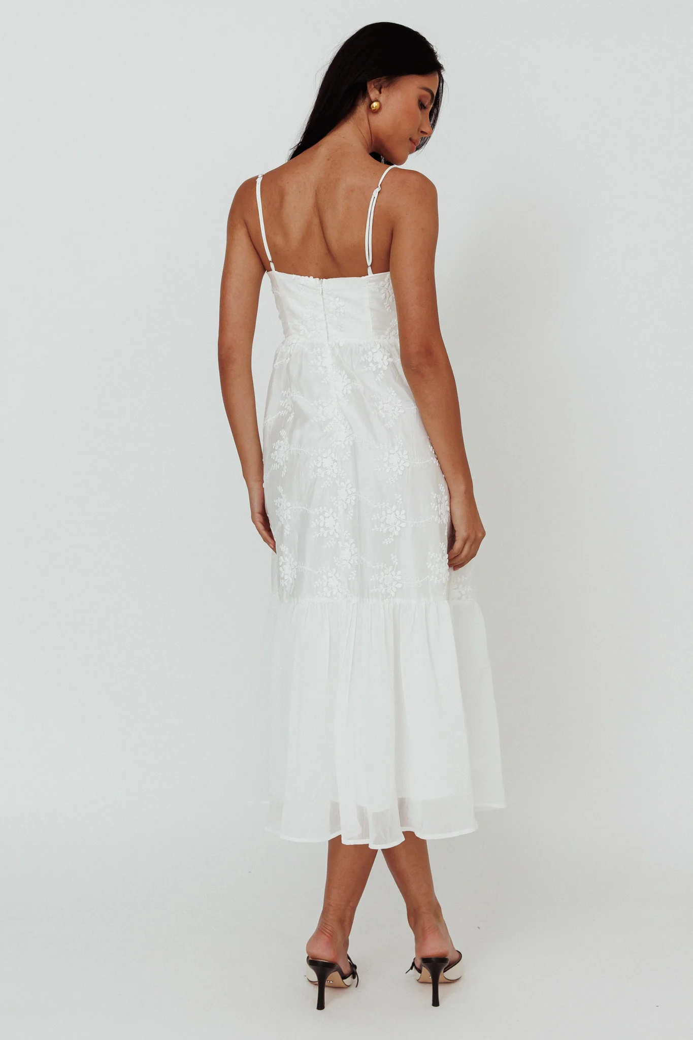 Lake Como Floral Embroidered Midi Dress White